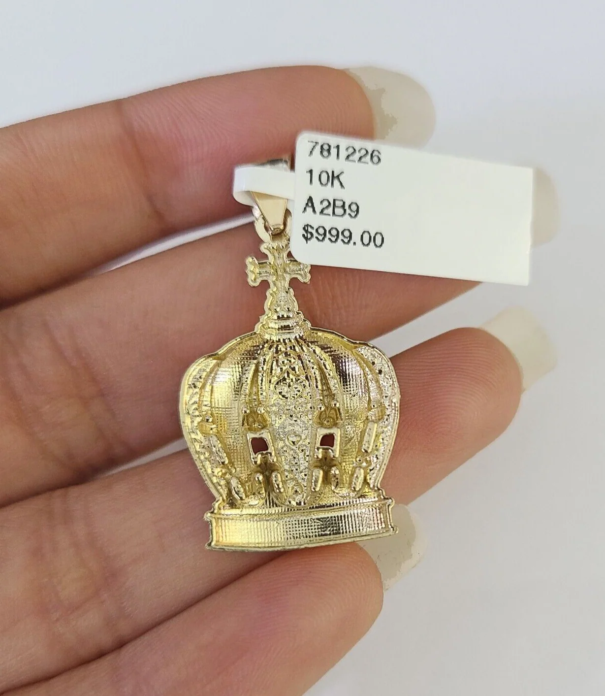 10K Imperial Crown Charm Pendant Real Yellow Gold 1.5" Inch 10kt (Resized 5mm) - Image 3