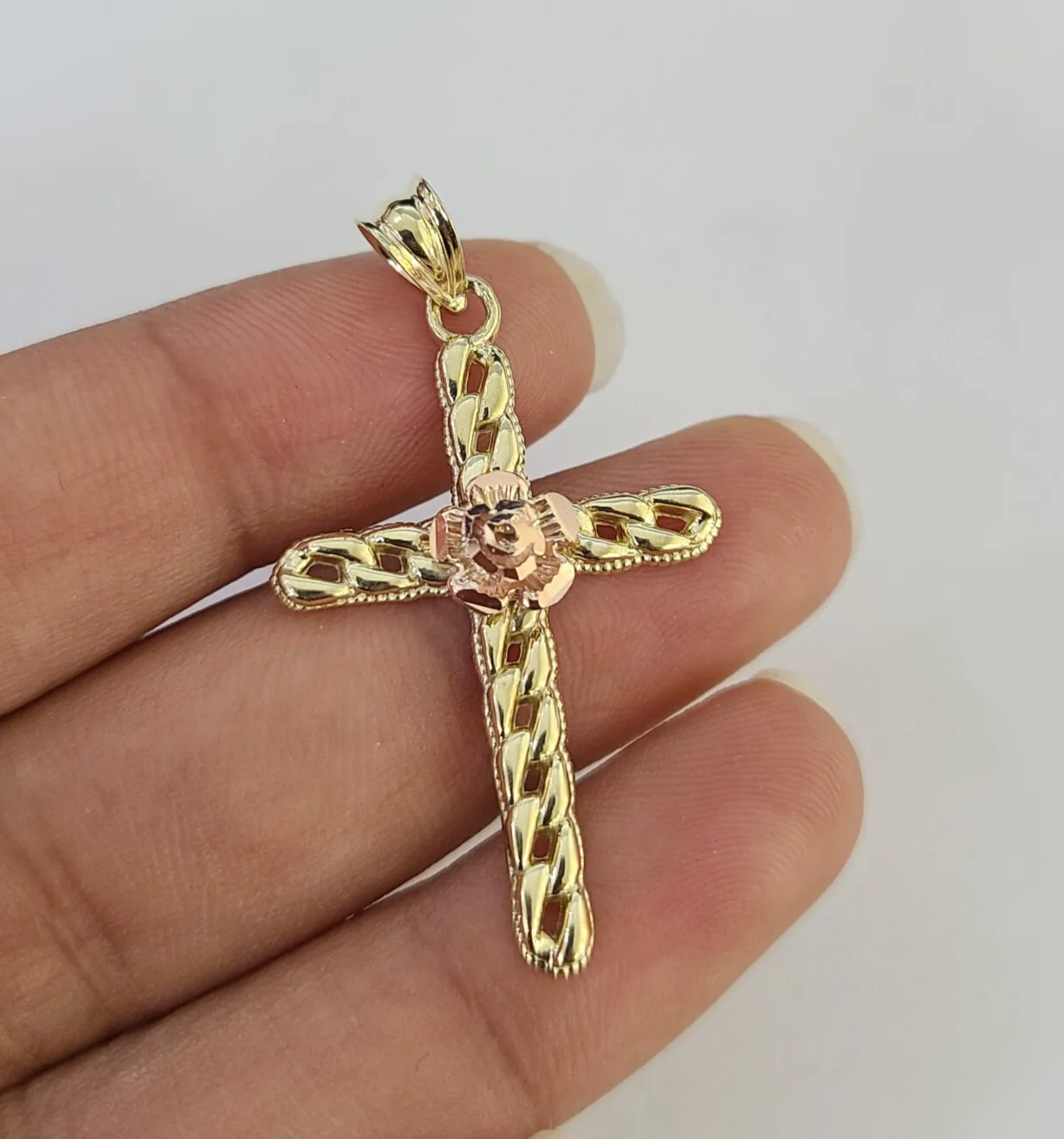 10k Jesus Cross Rose Charm Pendant Religious REAL 10Kt Yellow Gold