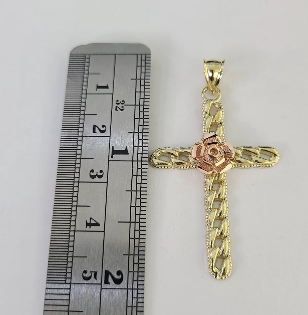 10k Jesus Cross Rose Charm Pendant Religious REAL 10Kt Yellow Gold - Image 2