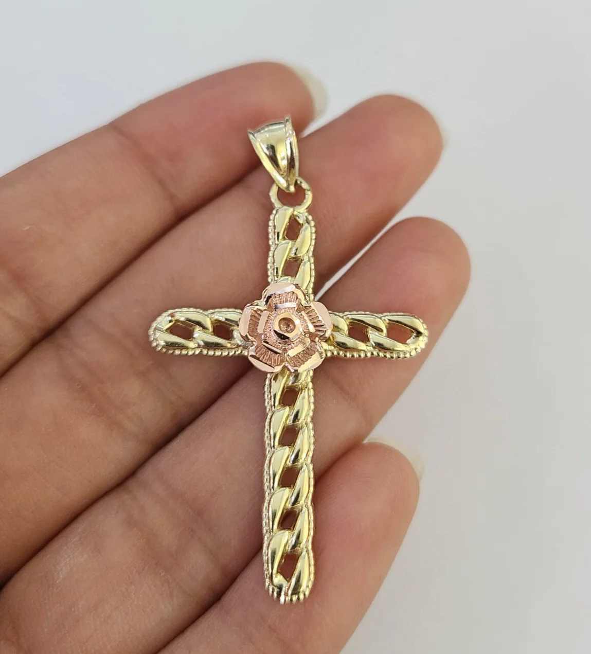 10k Jesus Cross Rose Charm Pendant Religious REAL 10Kt Yellow Gold - Image 3