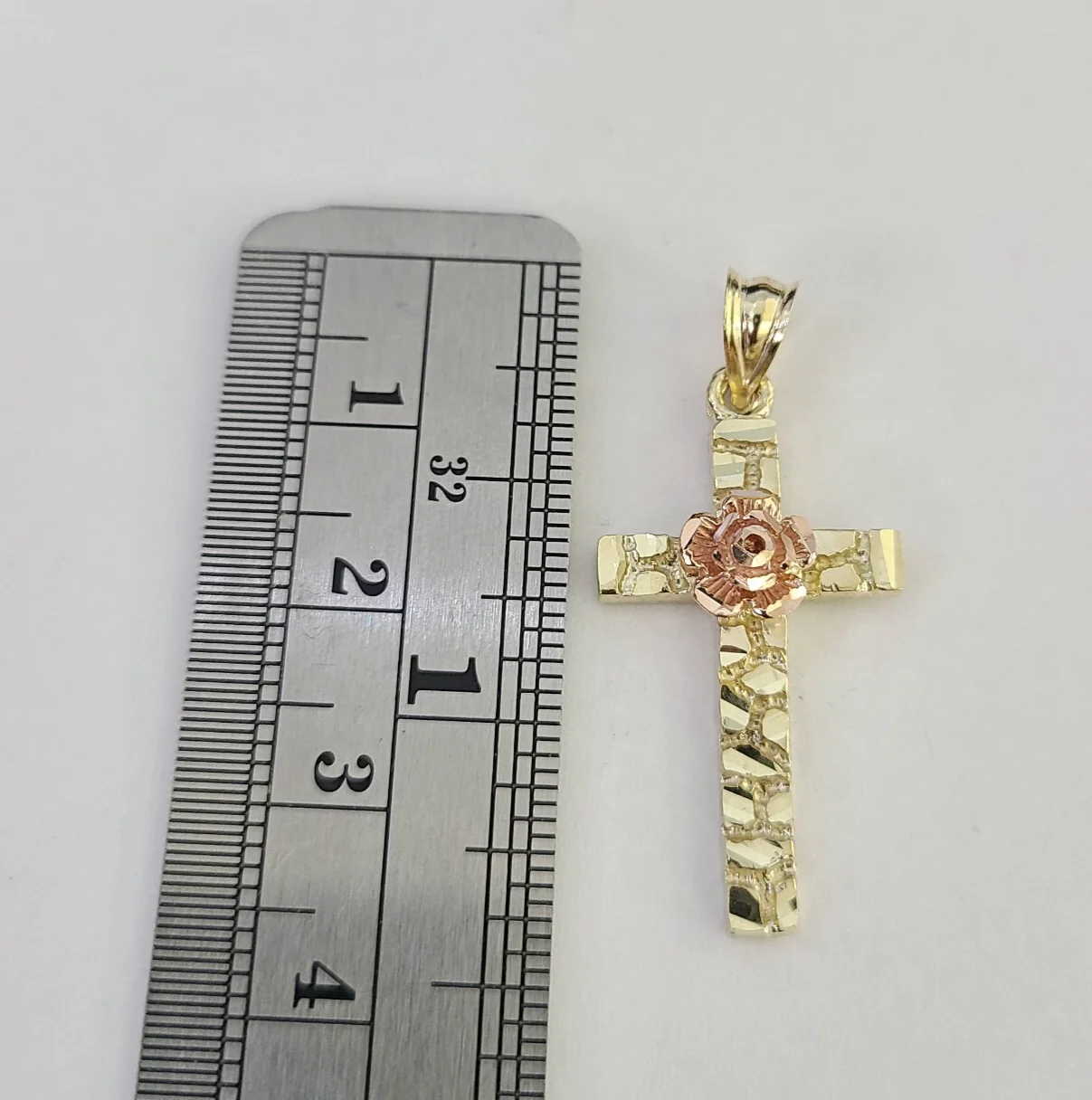 10k Jesus Cross Rose Nugget Charm Pendant Religious REAL 10Kt Yellow Gold - Image 2