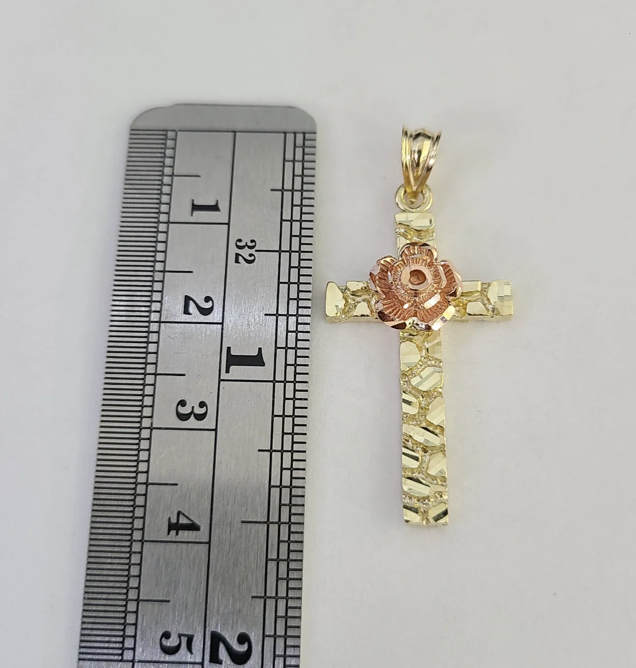 10k Jesus Cross Rose Nugget Charm Pendant Religious REAL 10Kt Yellow Gold - Image 2