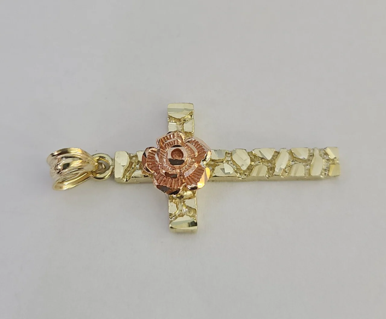 10k Jesus Cross Rose Nugget Charm Pendant Religious REAL 10Kt Yellow Gold - Image 3