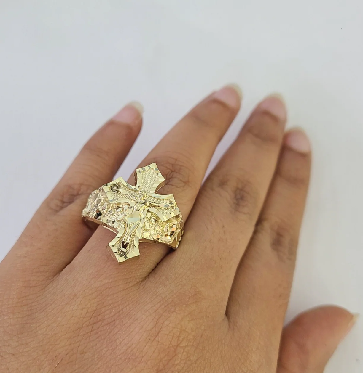 10k Jesus Crucifix Cross Nugget Ring Casual Band Yellow Gold Brand New Religious All Sizes - Image 2