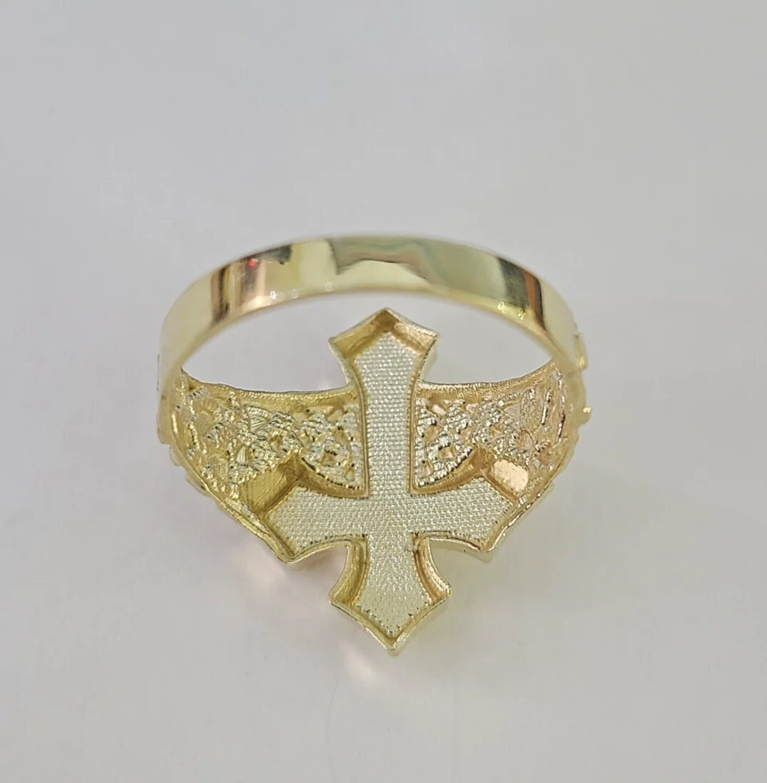10k Jesus Crucifix Cross Nugget Ring Casual Band Yellow Gold Brand New Religious All Sizes - Image 3