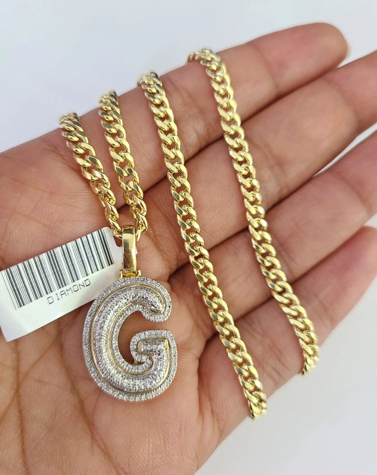 10k Miami Cuban Chain Diamond G Initial Charm Set 4mm 18"-28" Necklace Gold - Image 4