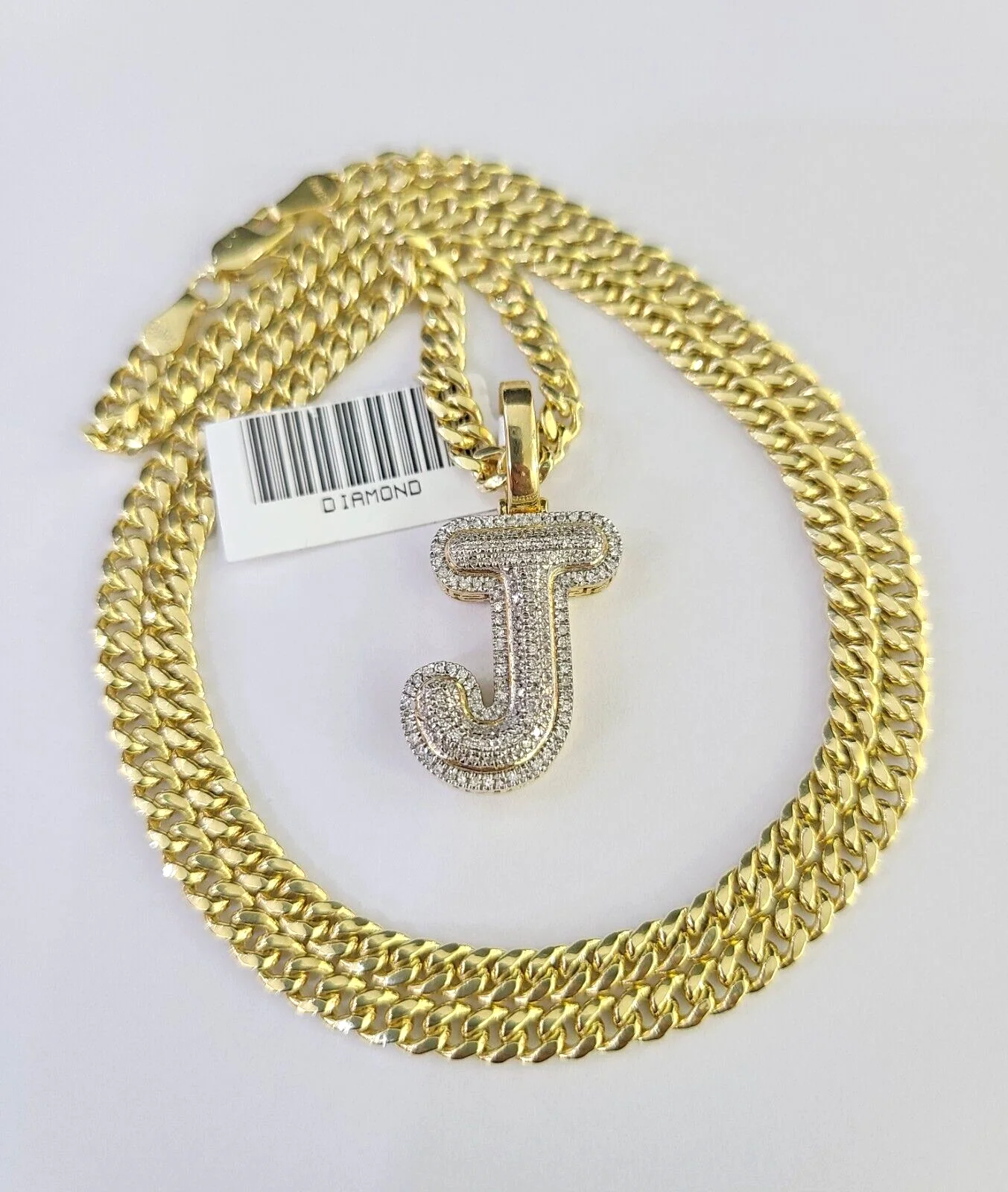 10k Miami Cuban Chain Diamond J Initial Charm Set 4mm 18"-28" Necklace Gold - Image 4