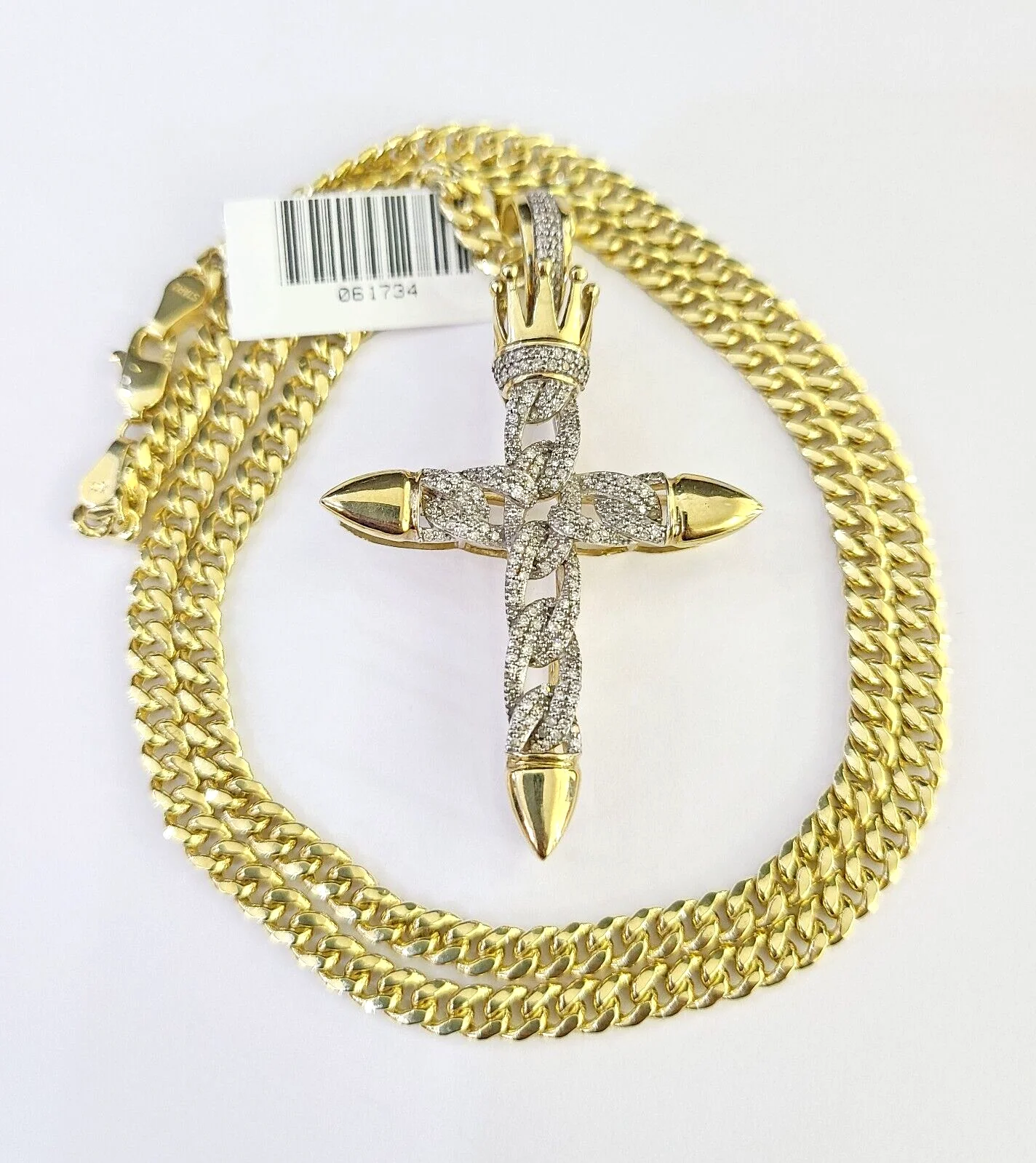 10k Miami Cuban Chain Diamond Jesus Cross Charm Set 4mm 18"-28" Necklace Gold - Image 2