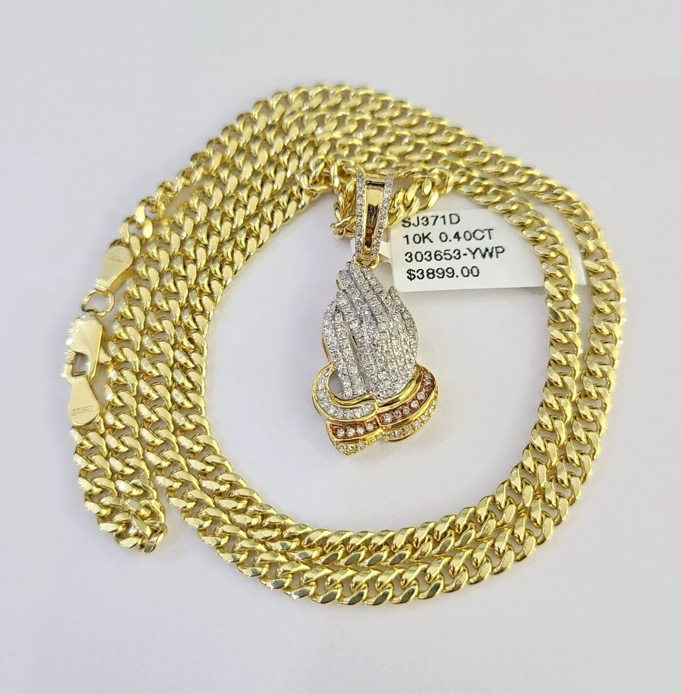 10k Miami Cuban Chain Diamond Praying Hands Charm Set 4mm 18"-28" Necklace Gold - Image 2