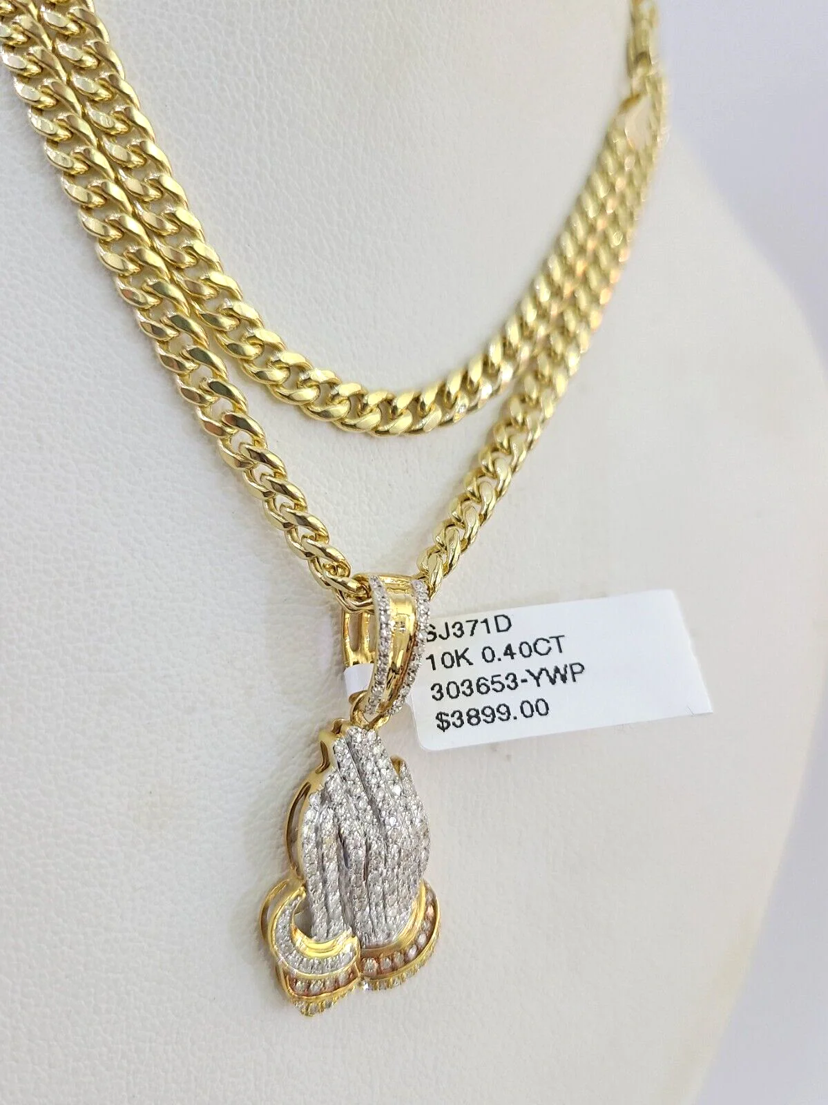 10k Miami Cuban Chain Diamond Praying Hands Charm Set 4mm 18"-28" Necklace Gold - Image 3