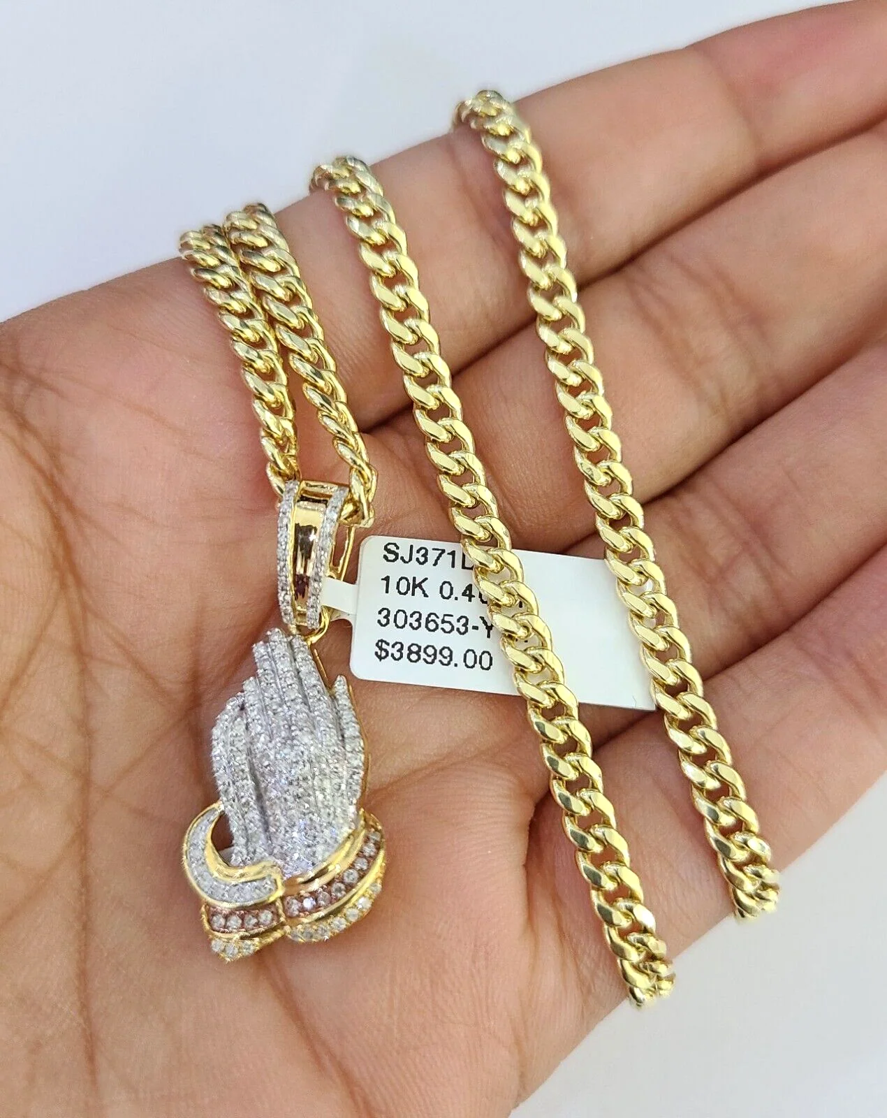 10k Miami Cuban Chain Diamond Praying Hands Charm Set 4mm 18"-28" Necklace Gold - Image 5