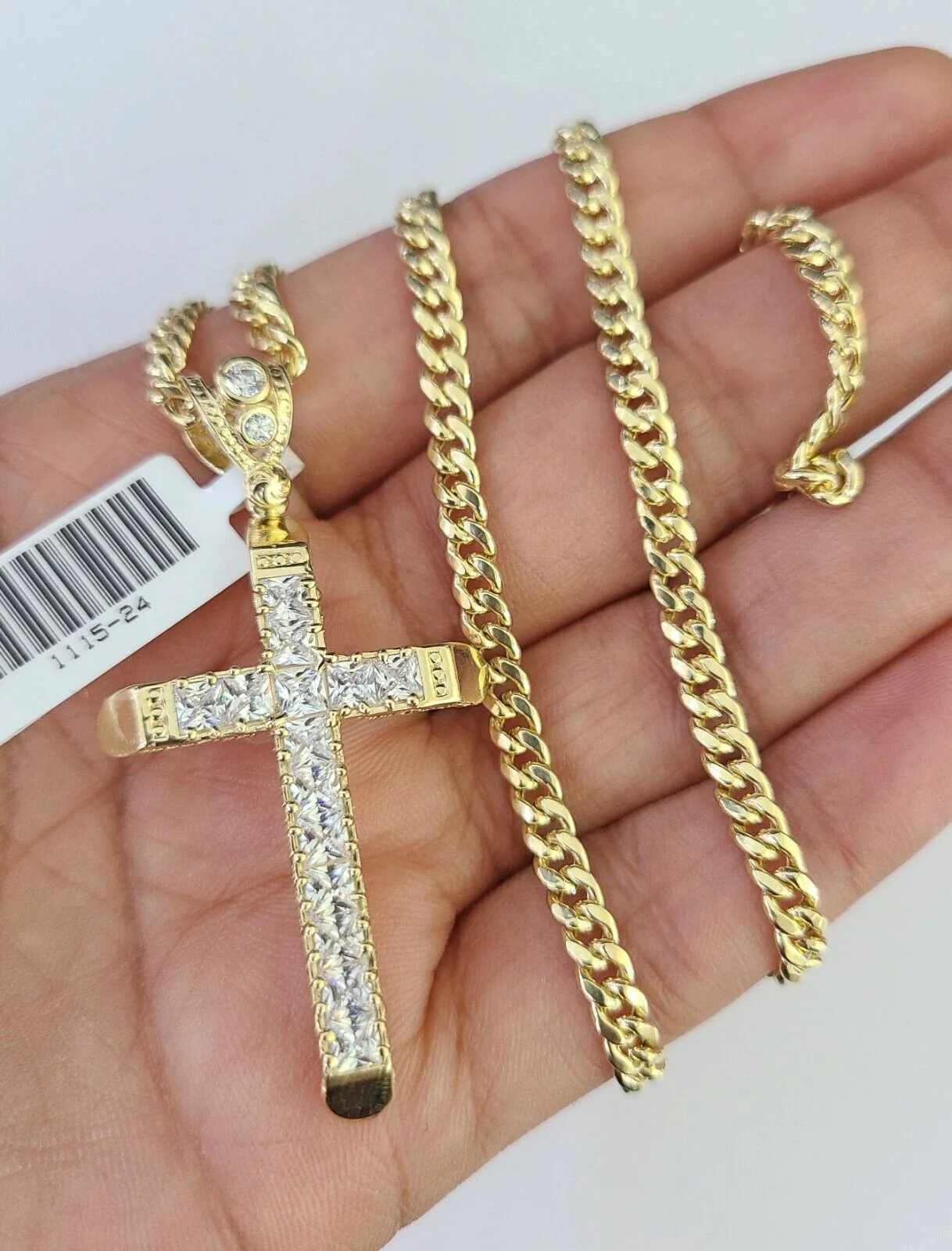 10k Miami Cuban Chain Jesus Cross Charm Set 4mm 18"-28" Necklace Yellow Gold - Image 4