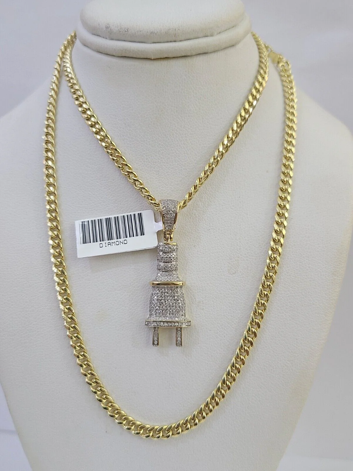 10k Miami Cuban Chain Plug Socket Charm Diamond Set 4.5mm 20"-28" Necklace Gold - Image 2