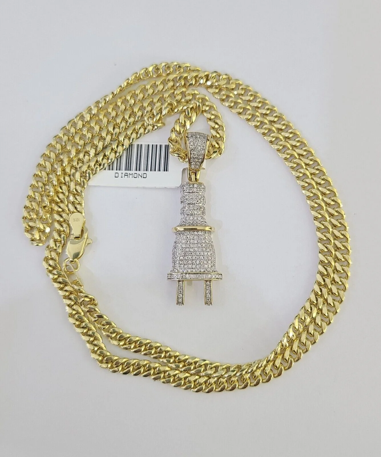 10k Miami Cuban Chain Plug Socket Charm Diamond Set 4.5mm 20"-28" Necklace Gold - Image 3