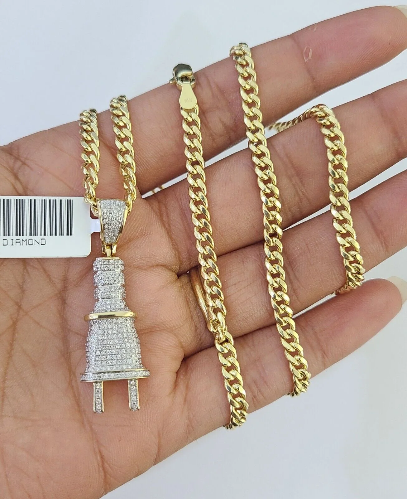 10k Miami Cuban Chain Plug Socket Charm Diamond Set 4.5mm 20"-28" Necklace Gold - Image 6