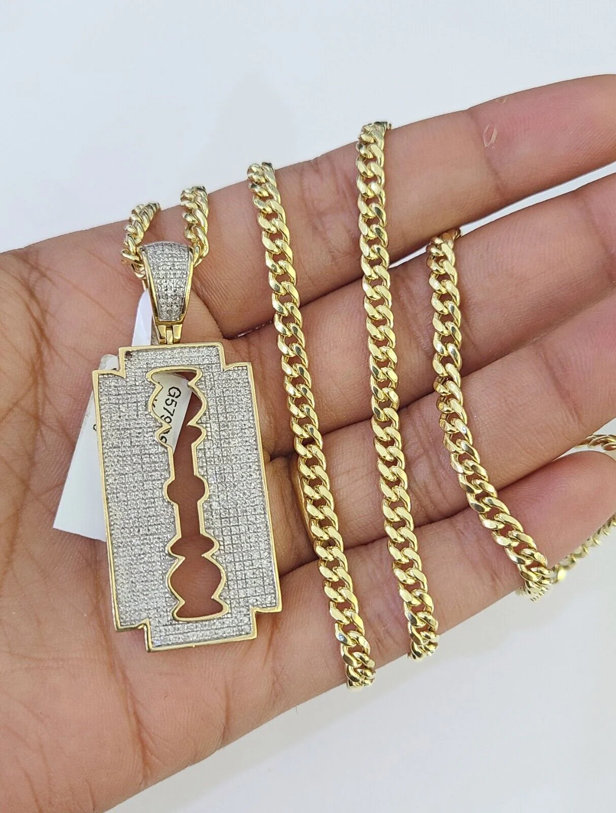 10k Miami Cuban Chain Razor Blade Charm Diamond Set 4.5mm 20"-28" Necklace Gold - Image 2