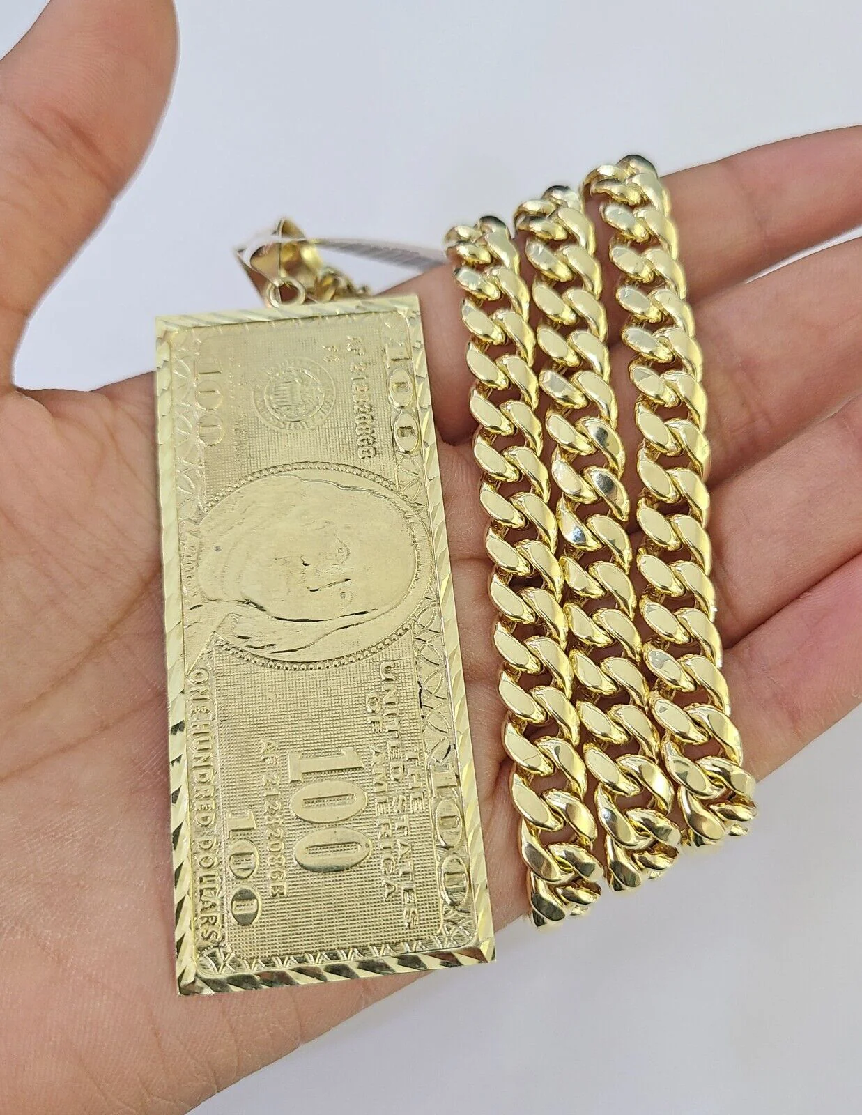 10K Miami Cuban Link Chain 100 Dollar Bill Pendent Charm 8mm 20"-30" Necklace - Image 3