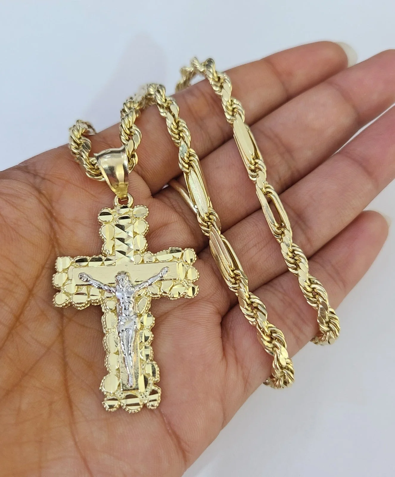 10k Milano Rope Chain Jesus Cross Charm Necklace SET 5mm 18"-28" Pendant