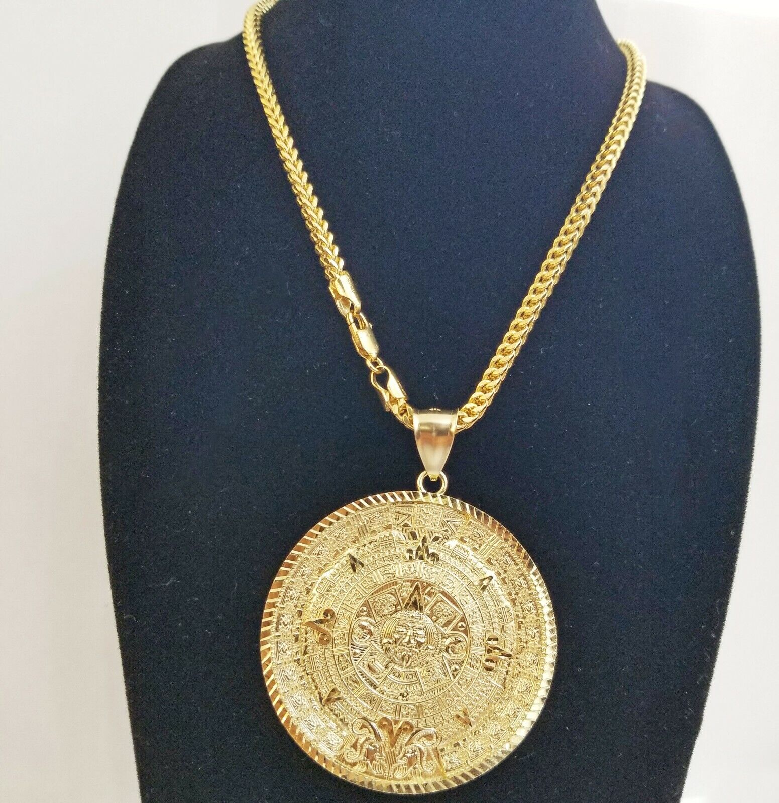10k Real Gold Aztec Calendar Pendant Charm 3mm 20" 22" 24"  Franco Chain - Image 2