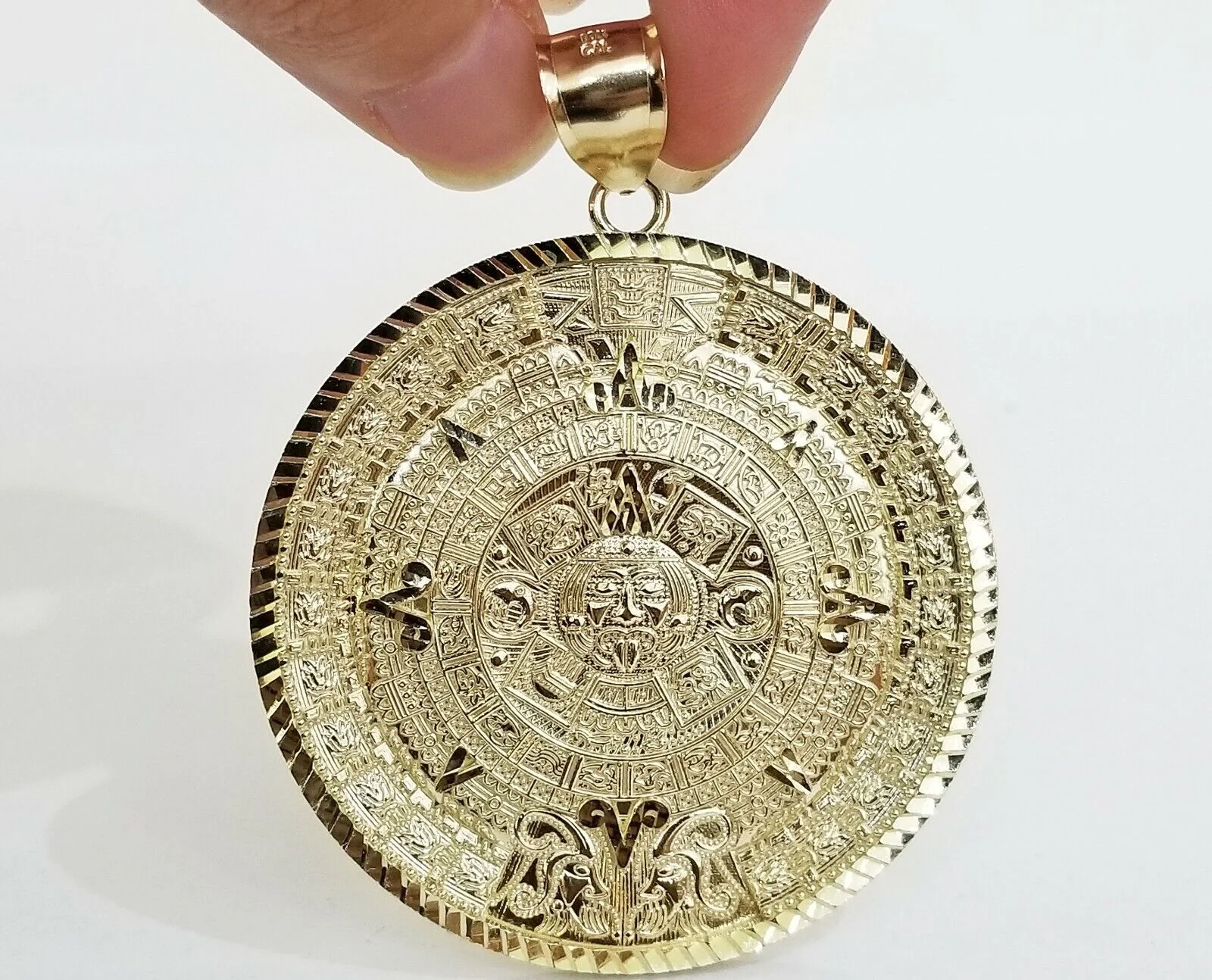 10k Real Gold Aztec Calendar Pendant Charm 3mm 20" 22" 24"  Franco Chain - Image 3