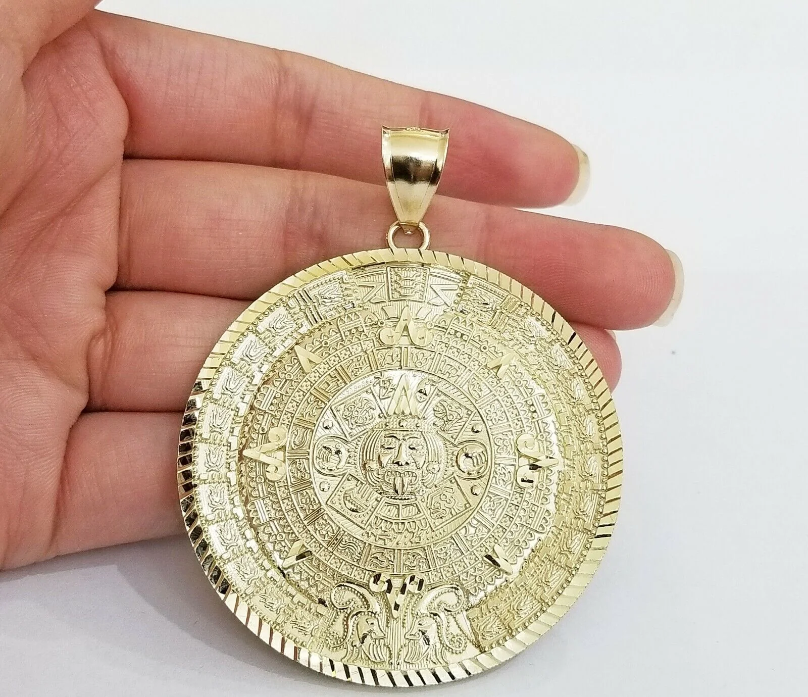 10k Real Gold Aztec Calendar Pendant Charm 3mm 20" 22" 24"  Franco Chain - Image 4