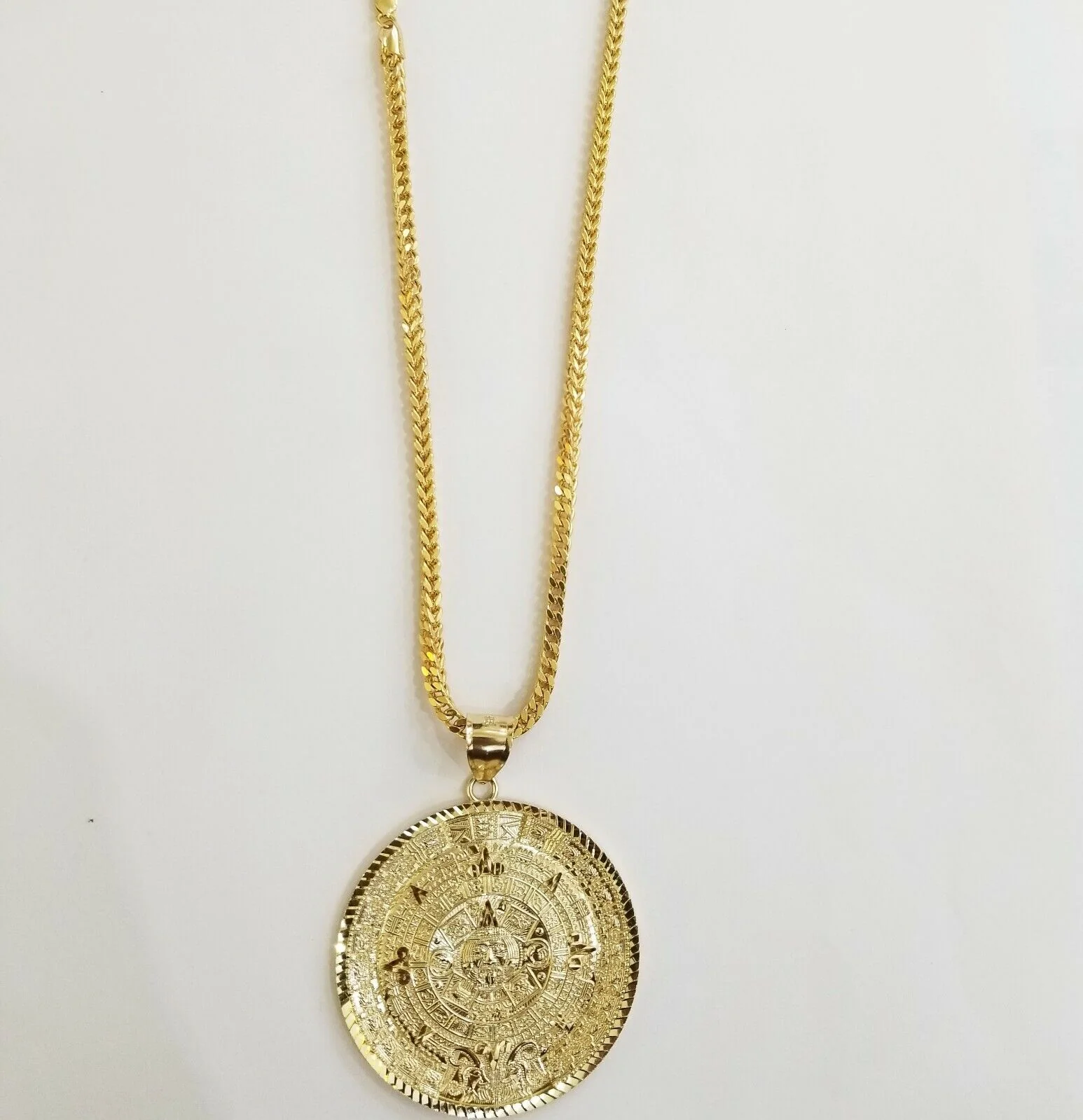 10k Real Gold Aztec Calendar Pendant Charm 3mm 20" 22" 24"  Franco Chain - Image 5