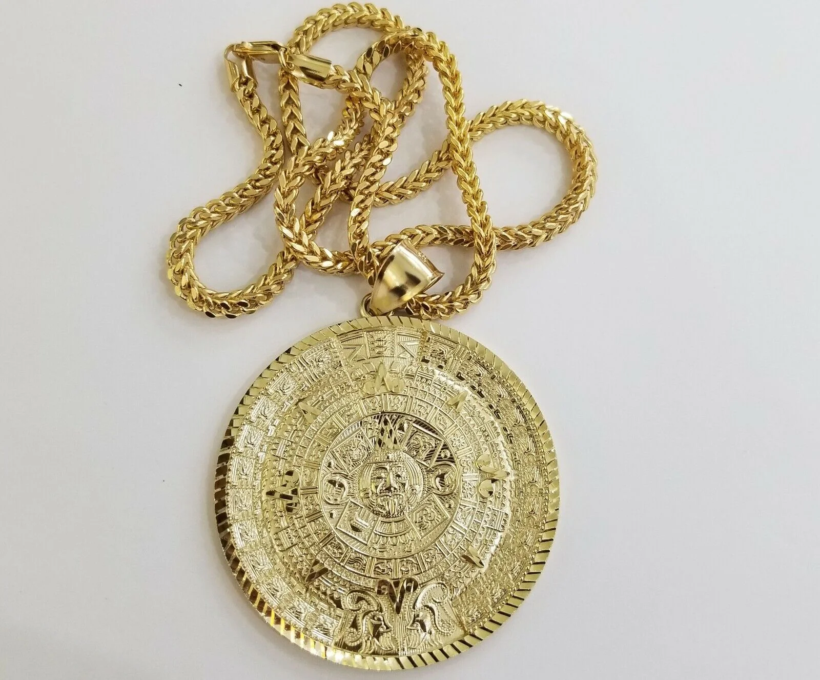 10k Real Gold Aztec Calendar Pendant Charm 3mm 20" 22" 24"  Franco Chain - Image 6