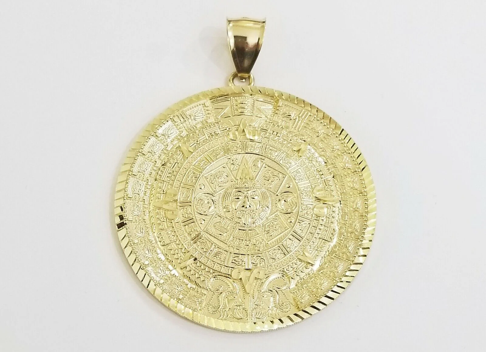 10k Real Gold Aztec Calendar Pendant Charm 3mm 20" 22" 24"  Franco Chain - Image 9
