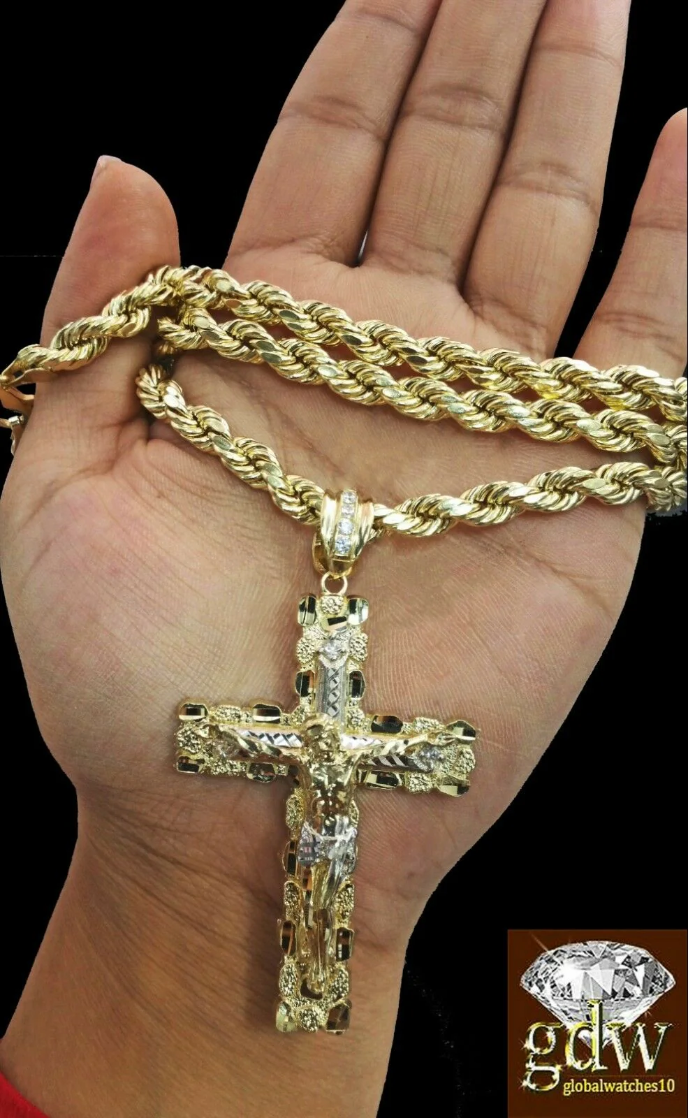 10k Real Gold Cross Charm Pendant 6mm Rope Chain Set - Image 3
