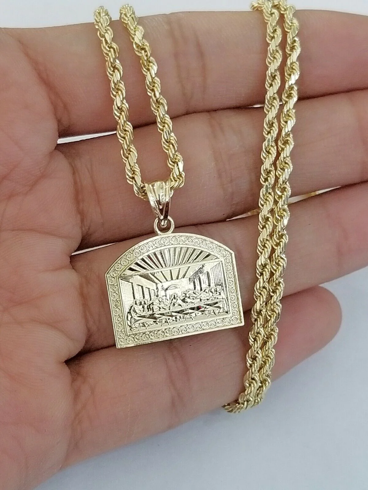 10k Real Yellow Gold Last Supper Charm Pendant Men Women Diamond cuts Design - Image 3