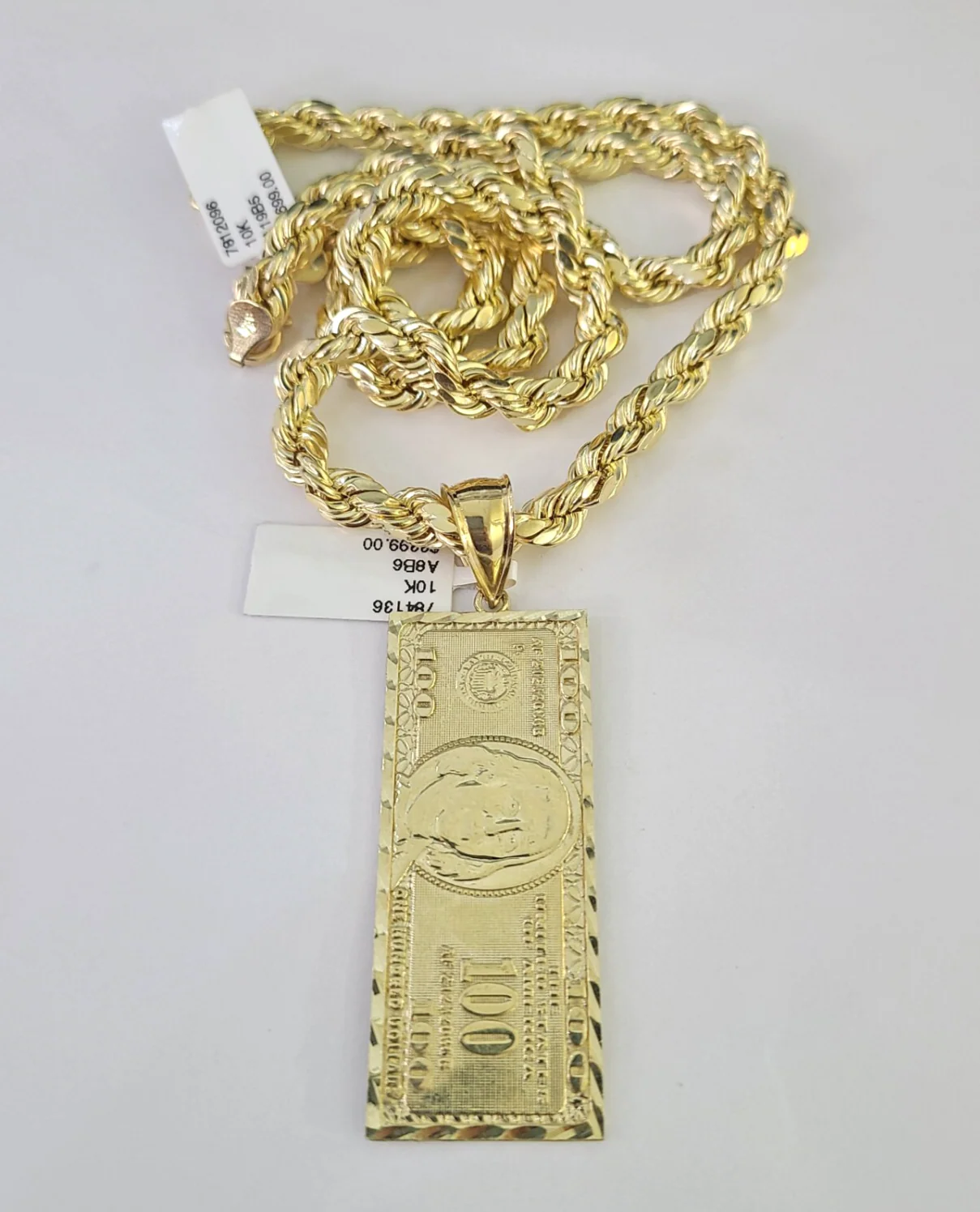 10k Rope Chain 100 Dollar Bill Charm Pendant Gold 18"-30'' Inch 7mm Necklace