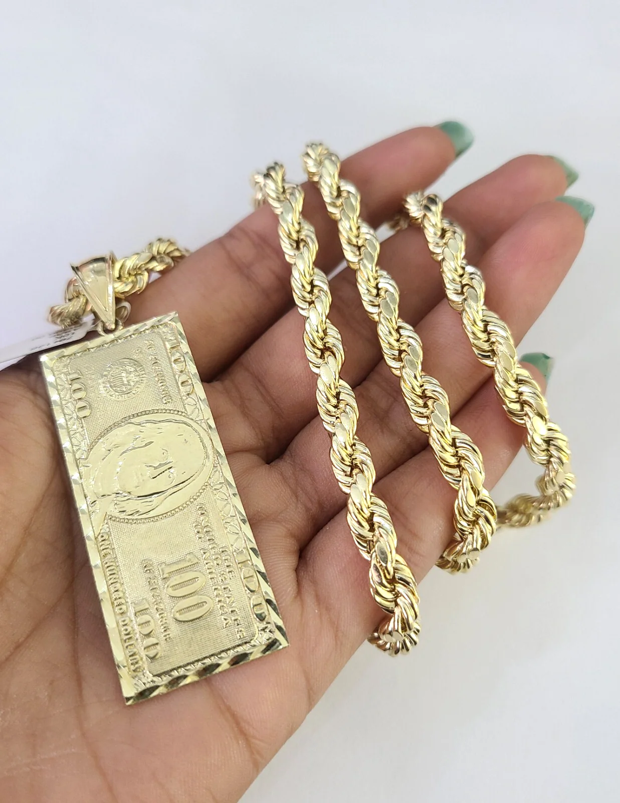 10k Rope Chain 100 Dollar Bill Charm Pendant Gold 18"-30'' Inch 7mm Necklace - Image 2