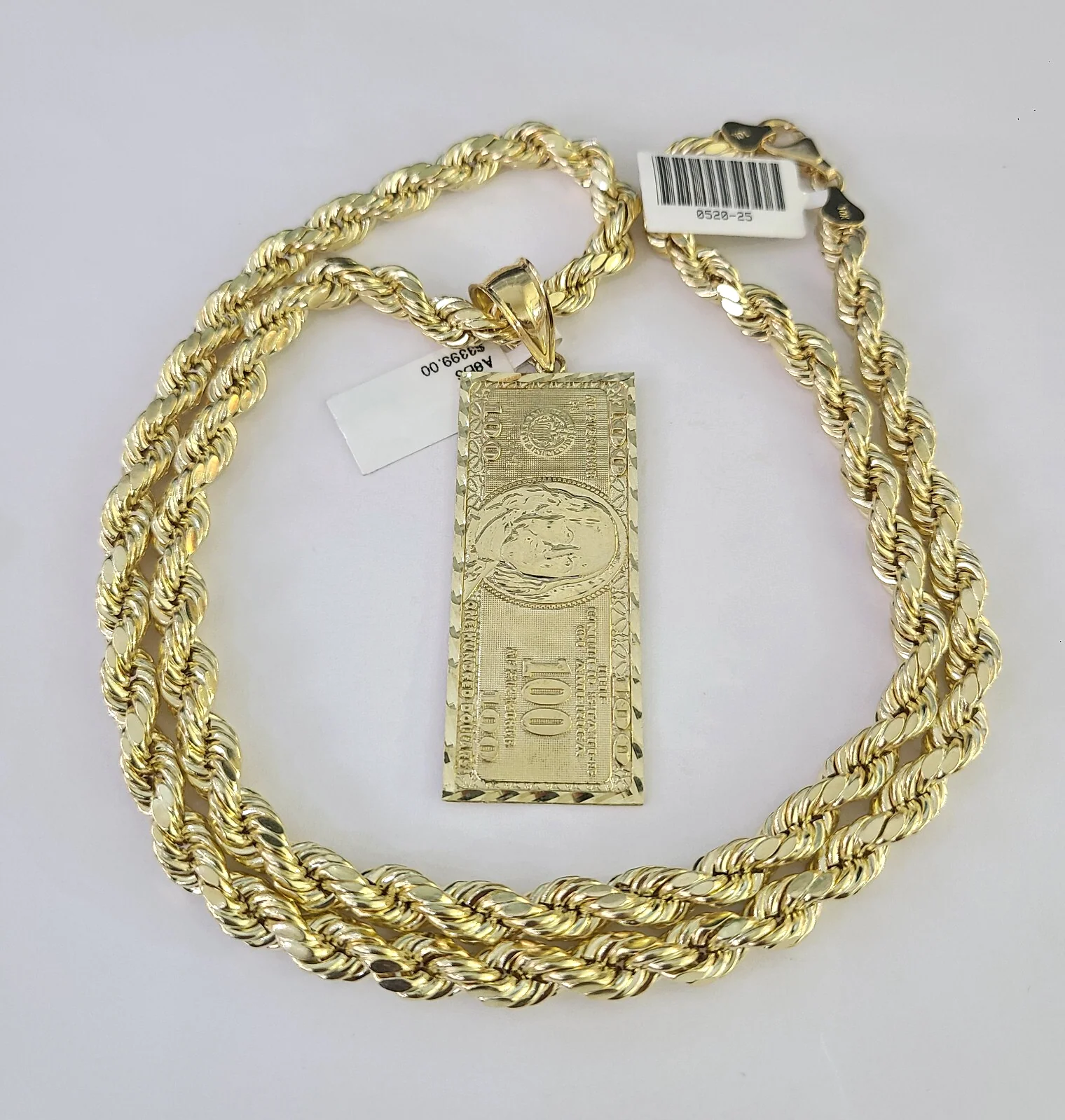 10k Rope Chain 100 Dollar Bill Charm Pendant Gold 18"-30'' Inch 7mm Necklace - Image 3