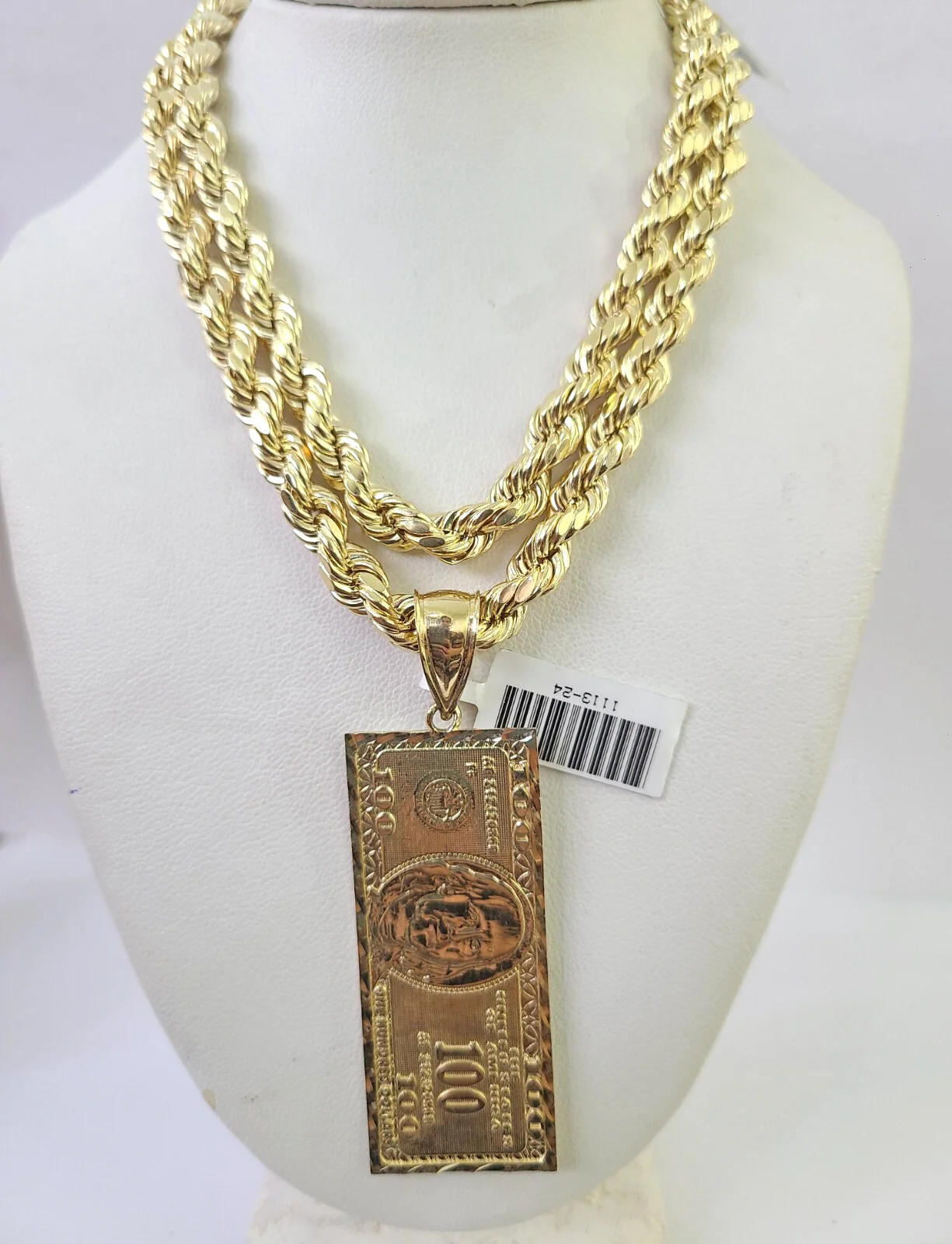 10k Rope Chain 100 Dollar Bill Charm Pendant Gold 18"-30'' Inch 7mm Necklace - Image 4