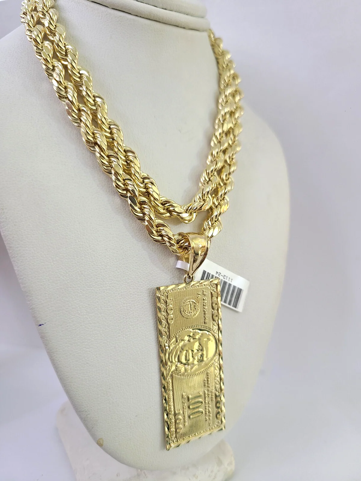 10k Rope Chain 100 Dollar Bill Charm Pendant Gold 18"-30'' Inch 7mm Necklace - Image 7