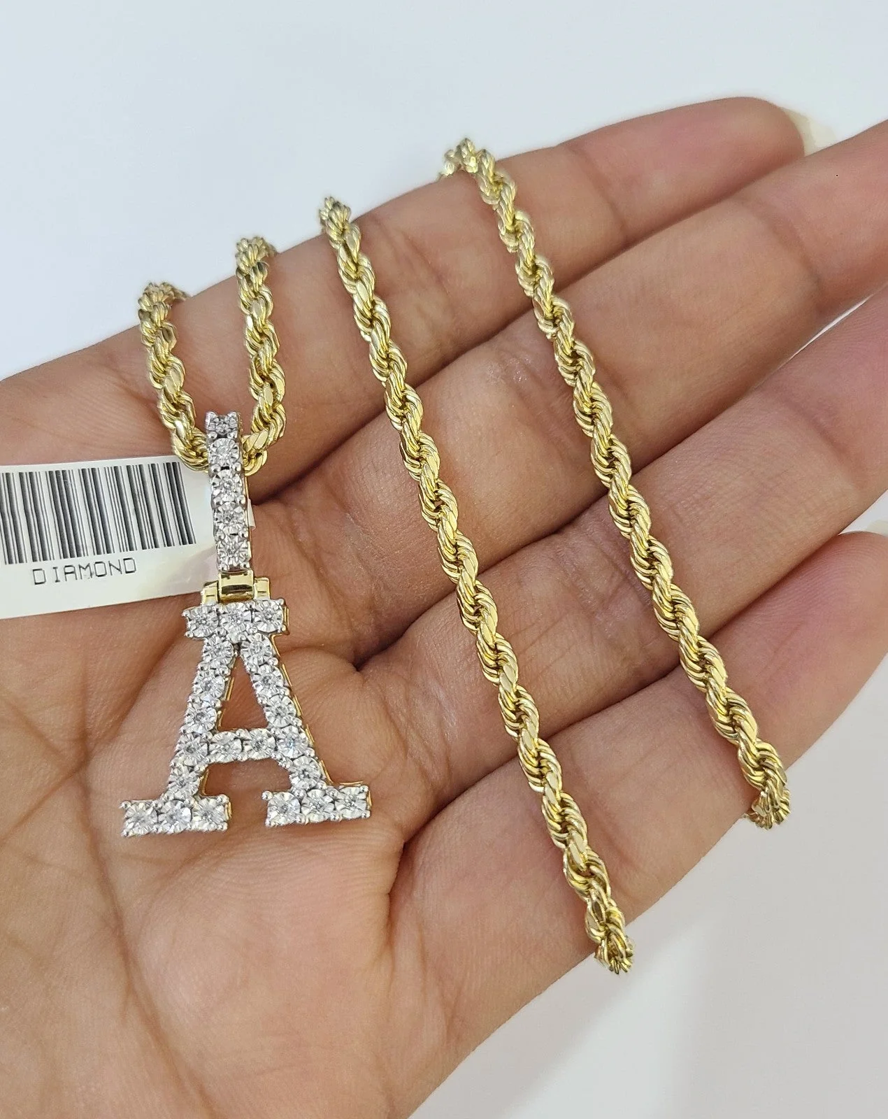 10k Rope Chain A Diamond Initial Charm Necklace Pendant Set 2mm 18"-24" Gold - Image 2