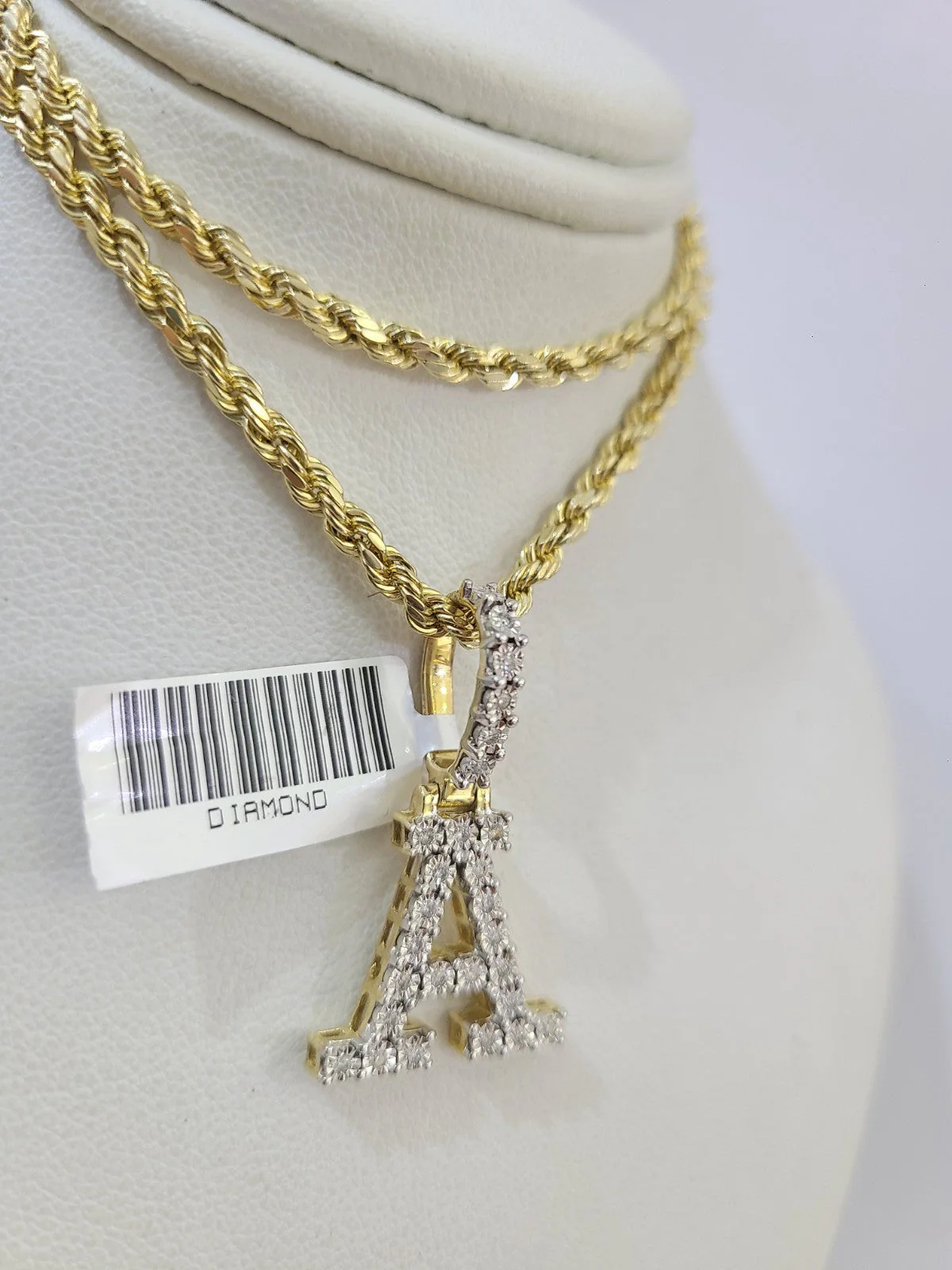 10k Rope Chain A Diamond Initial Charm Necklace Pendant Set 2mm 18"-24" Gold - Image 5