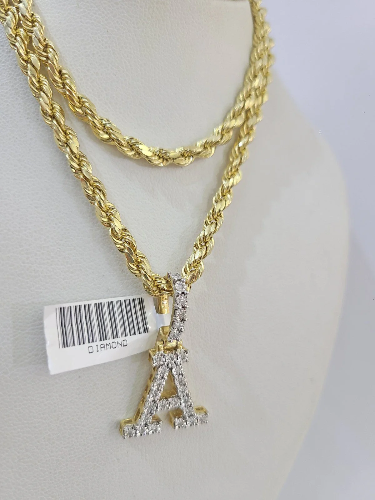 10k Rope Chain A Diamond Initial Charm Necklace Pendant Set 4mm 20"-30" Gold - Image 2