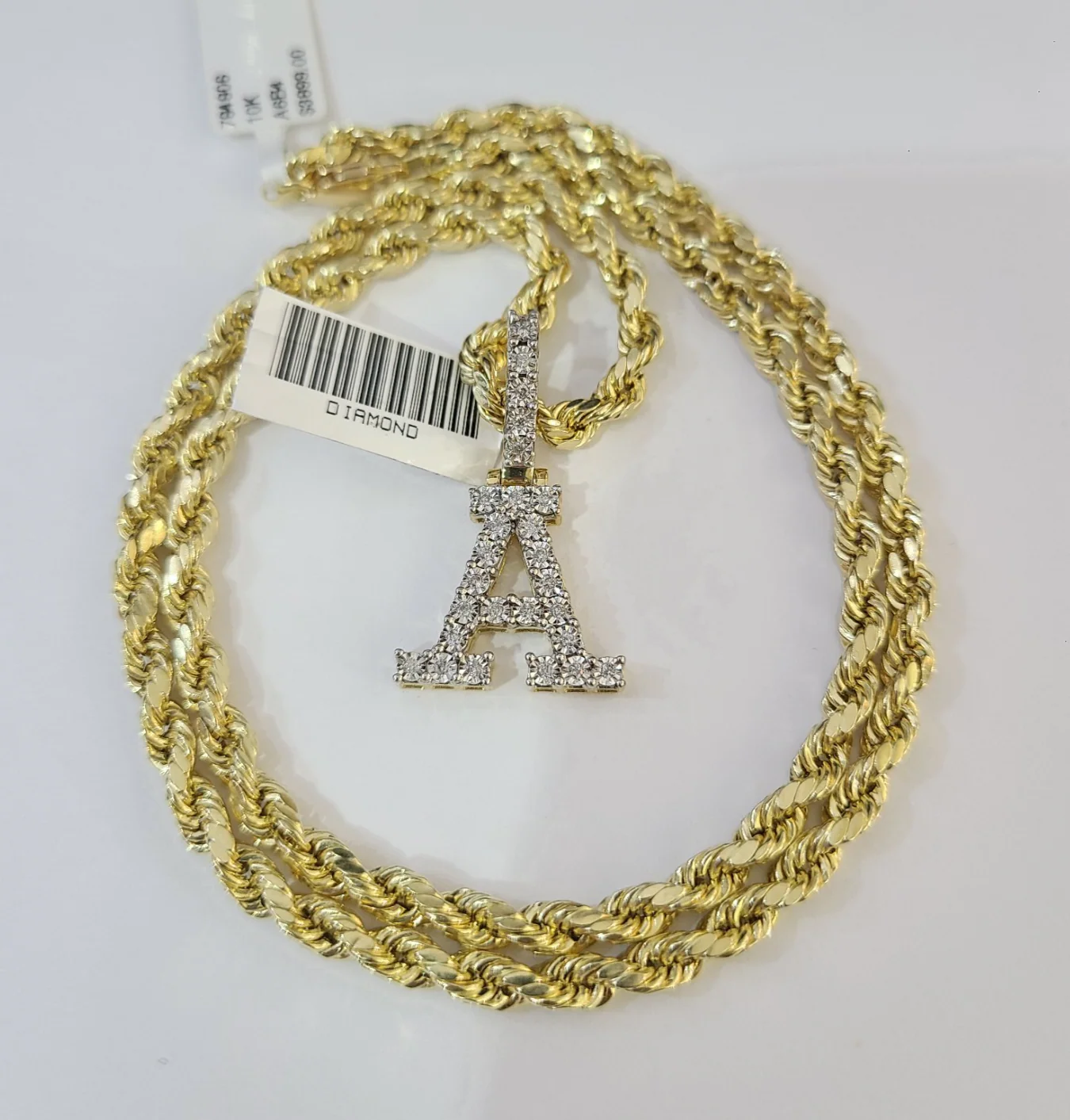 10k Rope Chain A Diamond Initial Charm Necklace Pendant Set 4mm 20"-30" Gold - Image 3