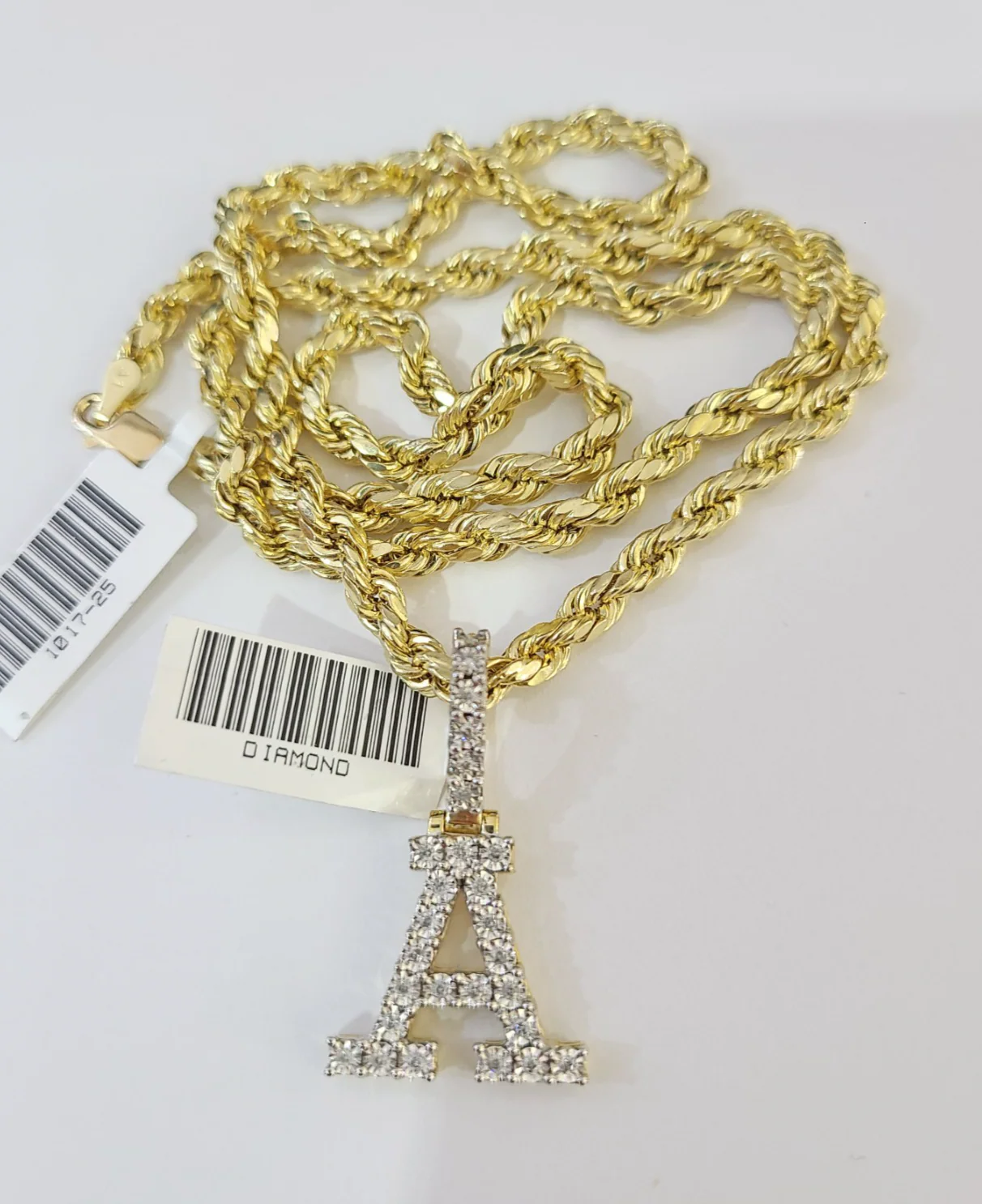 10k Rope Chain A Diamond Initial Charm Necklace Pendant Set 4mm 20"-30" Gold - Image 6