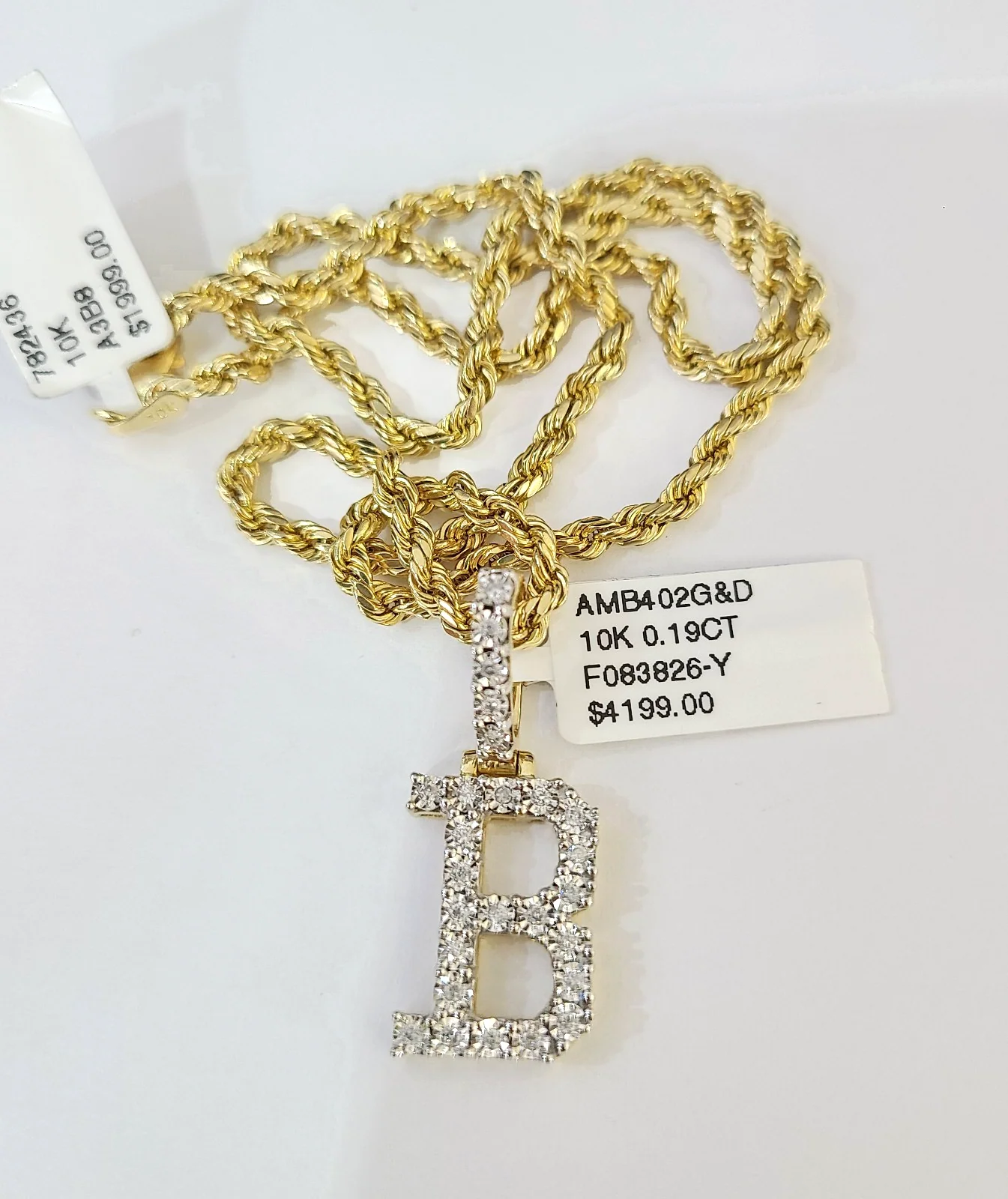 10k Rope Chain B Diamond Initial Charm Necklace Pendant Set 2mm 18"-24" Gold - Image 2