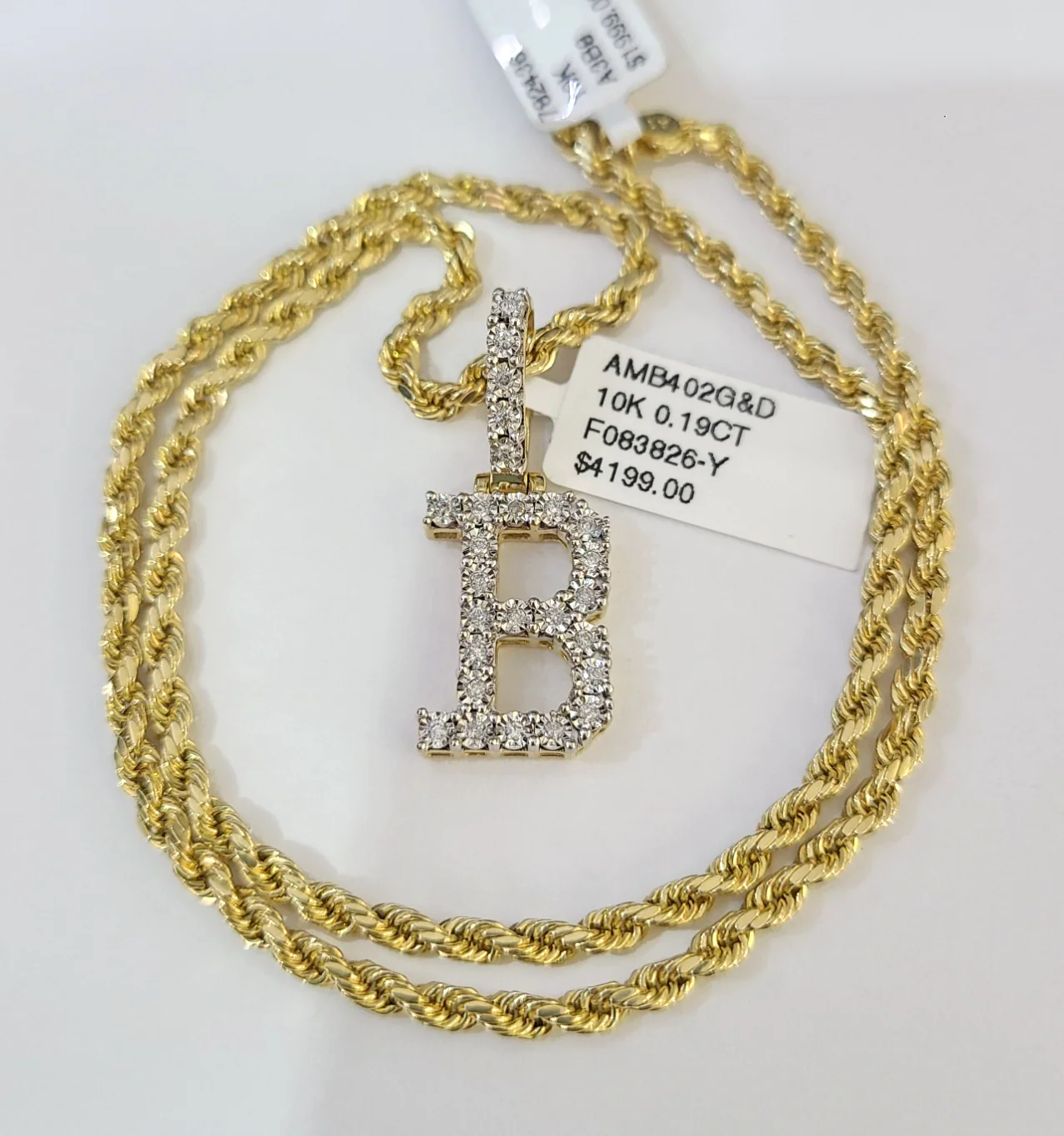 10k Rope Chain B Diamond Initial Charm Necklace Pendant Set 2mm 18"-24" Gold - Image 4