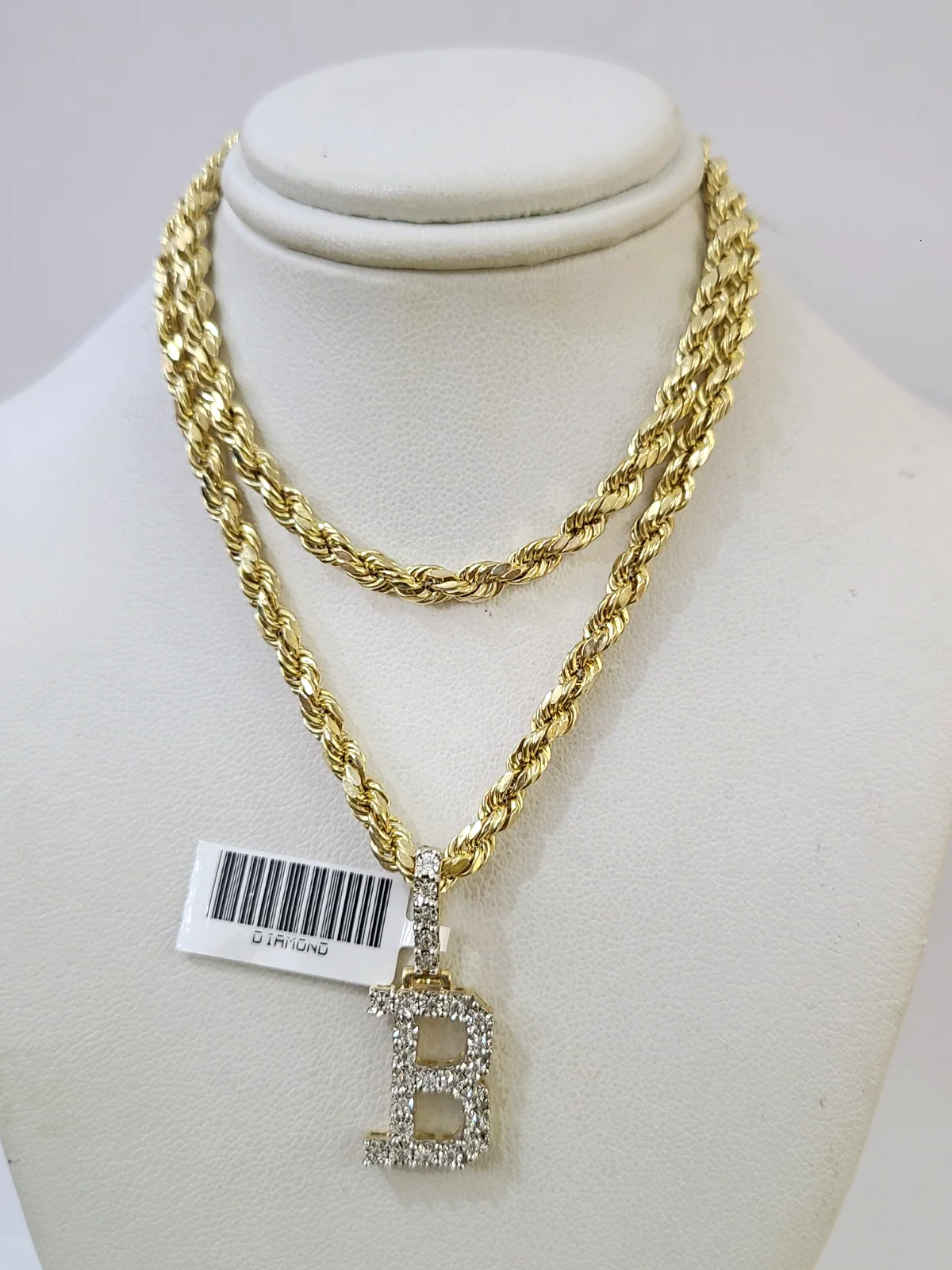 10k Rope Chain B Diamond Initial Charm Necklace Pendant Set 4mm 20"-30" Gold - Image 3