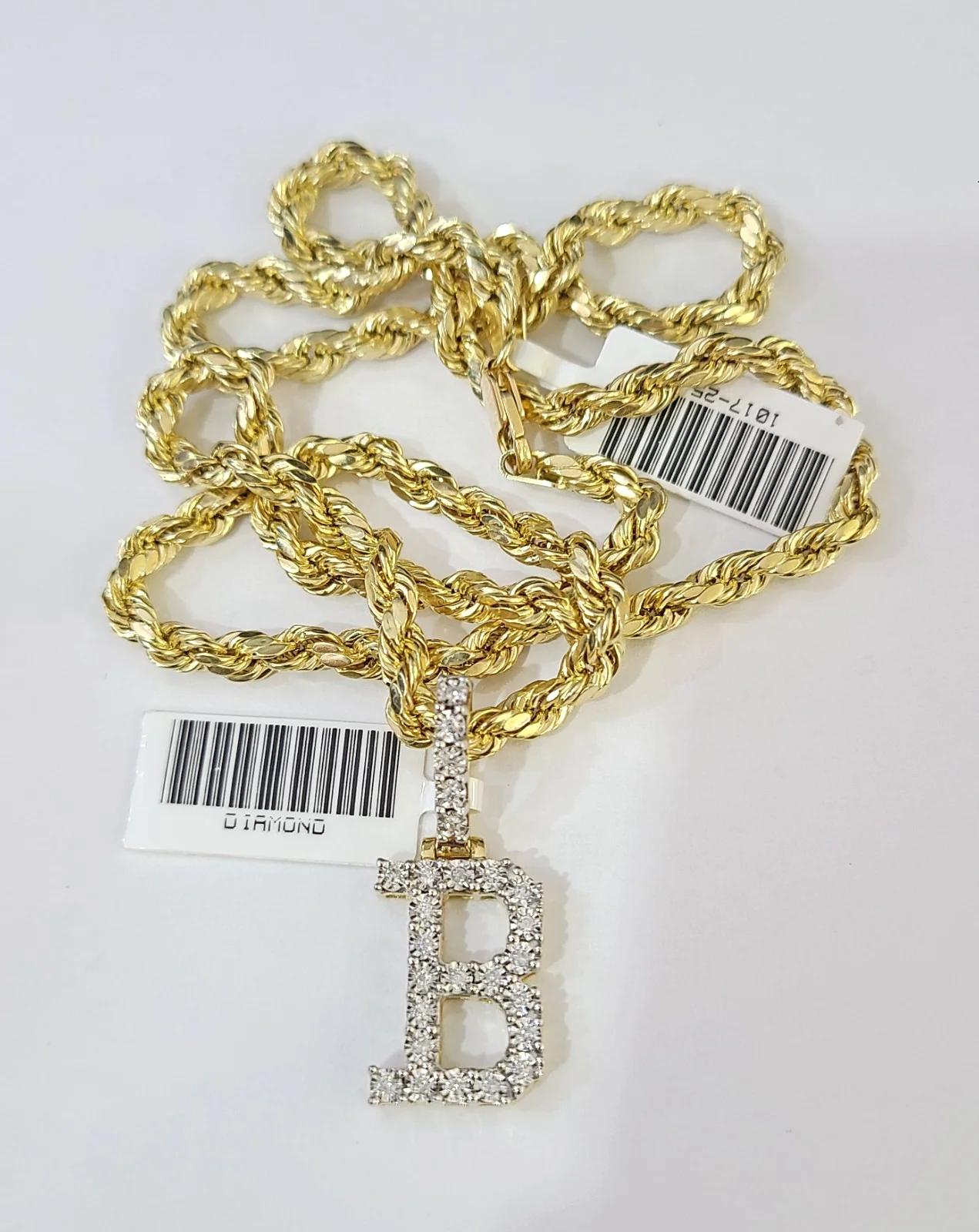 10k Rope Chain B Diamond Initial Charm Necklace Pendant Set 4mm 20"-30" Gold - Image 4