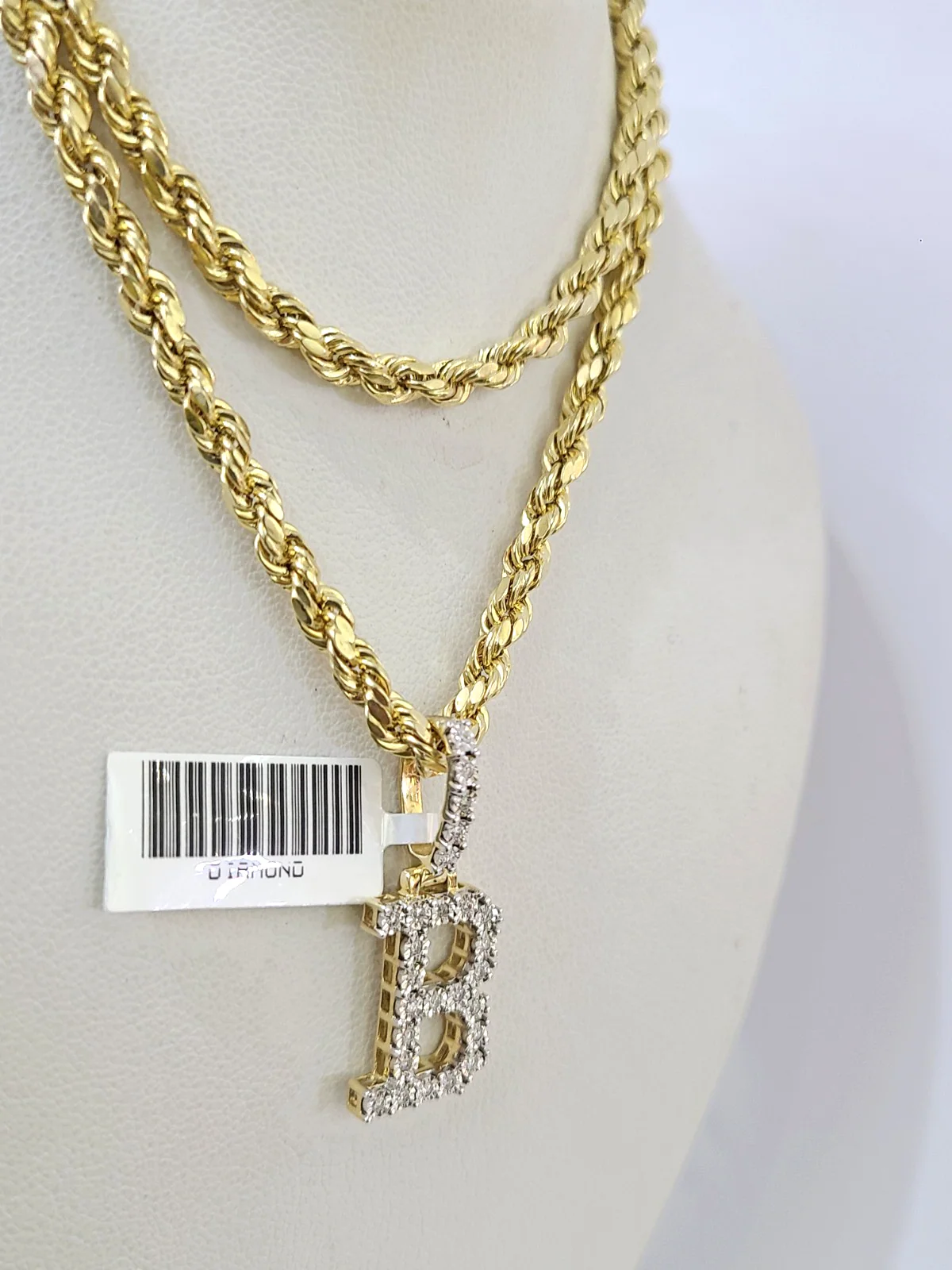 10k Rope Chain B Diamond Initial Charm Necklace Pendant Set 4mm 20"-30" Gold - Image 5