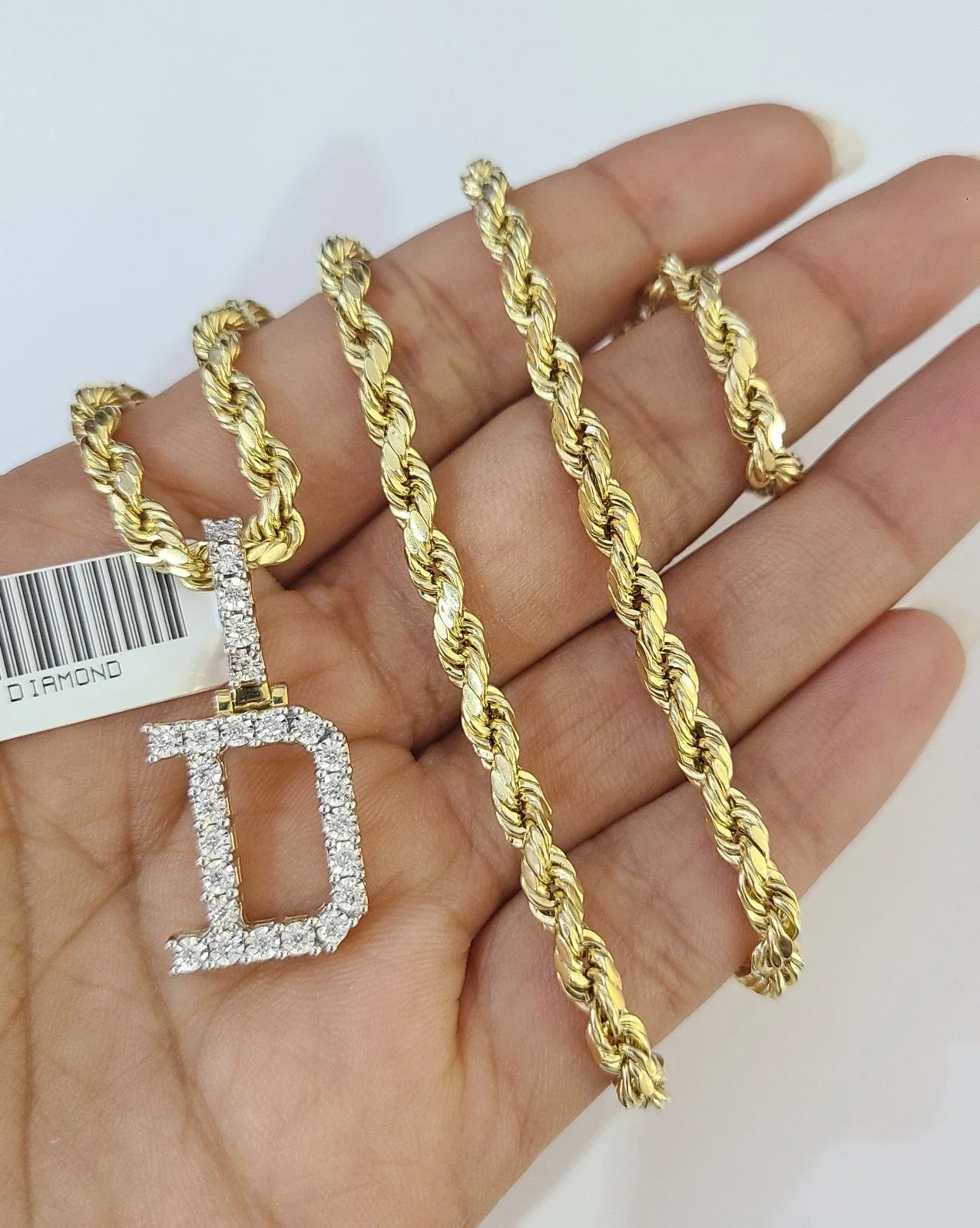 10k Rope Chain D Diamond Initial Charm Necklace Pendant Set 4mm 20"-30" Gold - Image 3