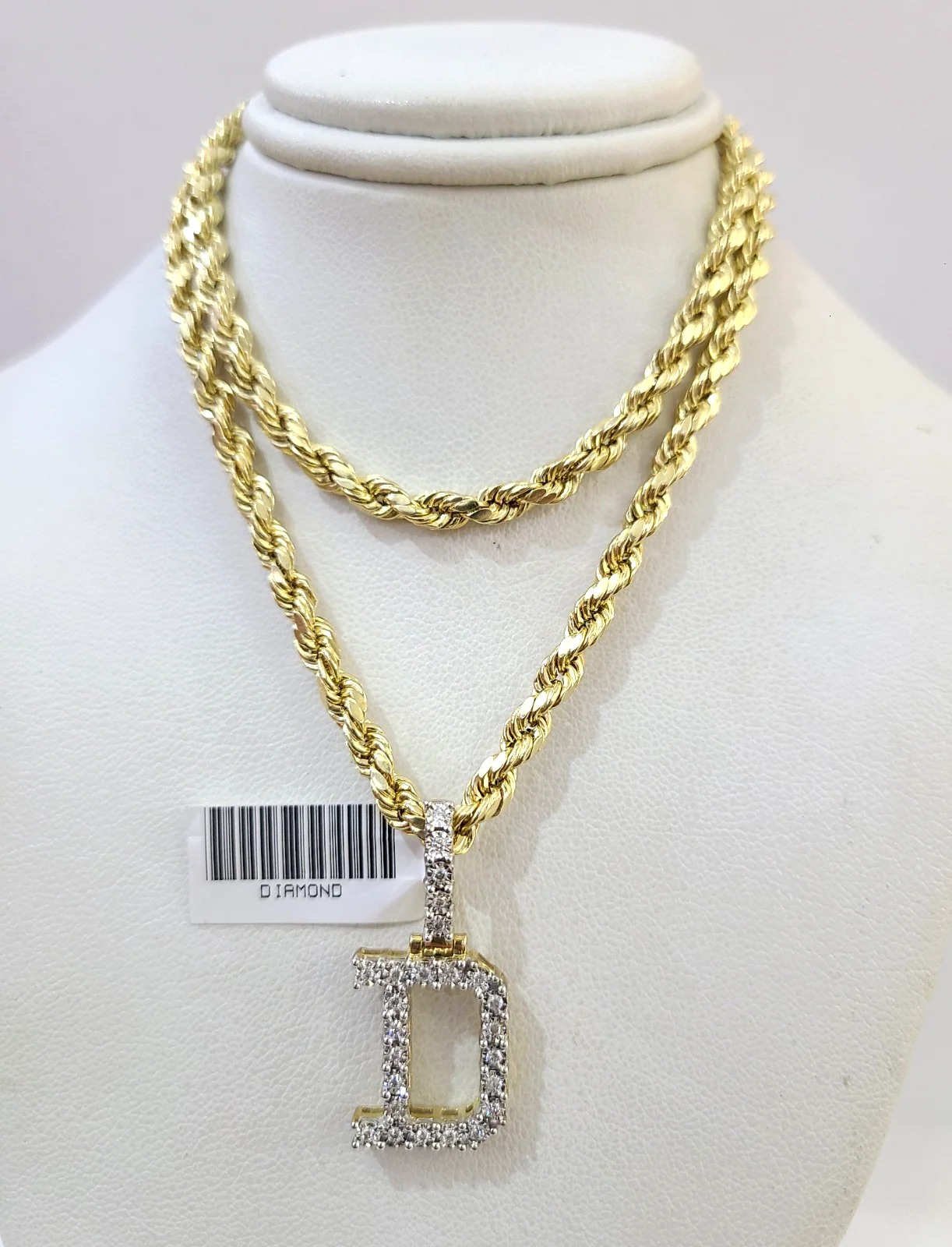 10k Rope Chain D Diamond Initial Charm Necklace Pendant Set 4mm 20"-30" Gold - Image 4