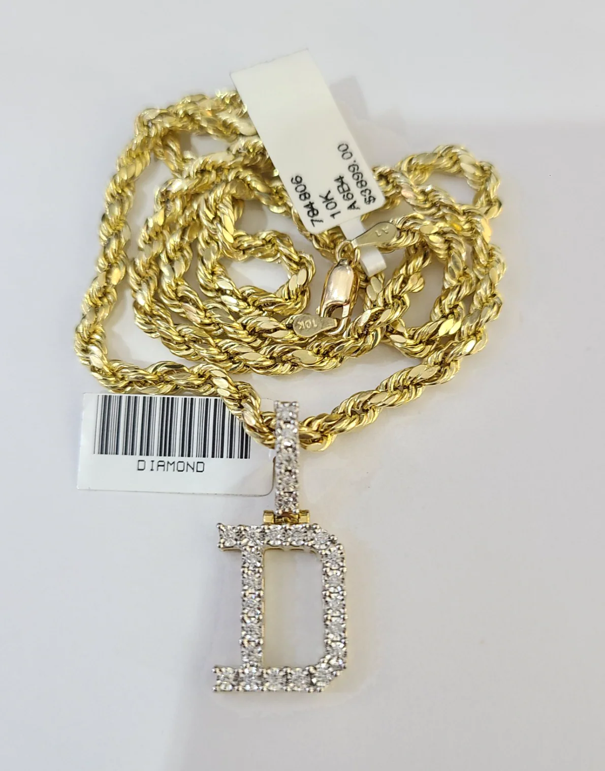 10k Rope Chain D Diamond Initial Charm Necklace Pendant Set 4mm 20"-30" Gold - Image 5