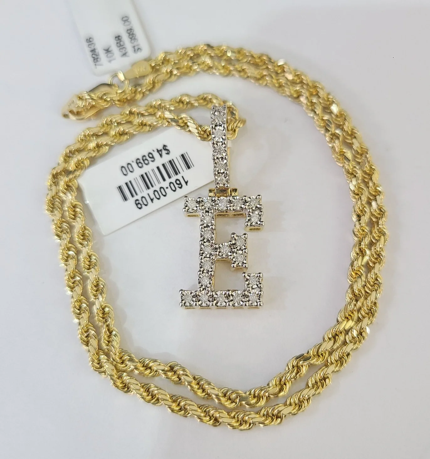 10k Rope Chain E Diamond Initial Charm Necklace Pendant Set 2mm 18"-24" Gold - Image 2
