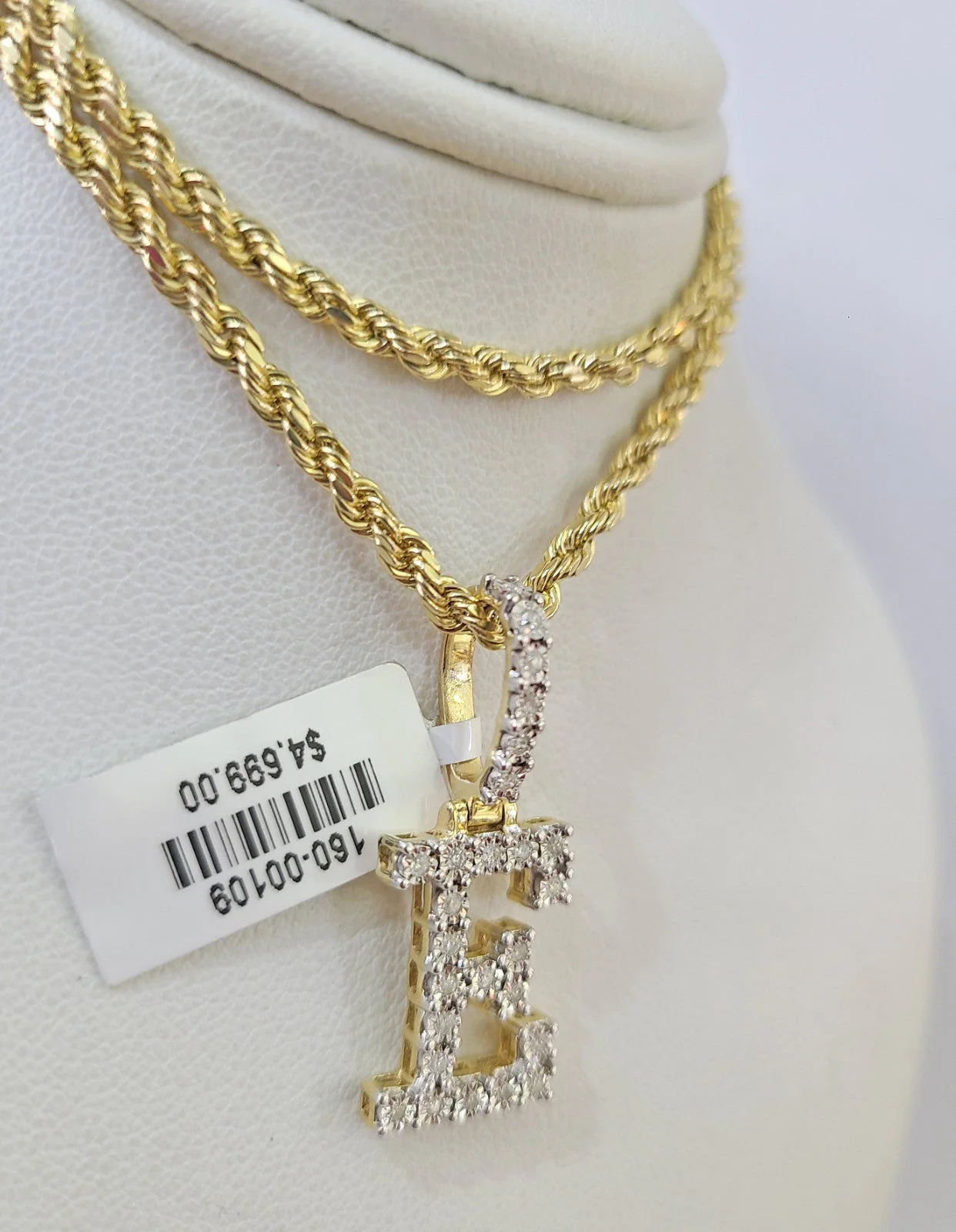 10k Rope Chain E Diamond Initial Charm Necklace Pendant Set 2mm 18"-24" Gold - Image 5